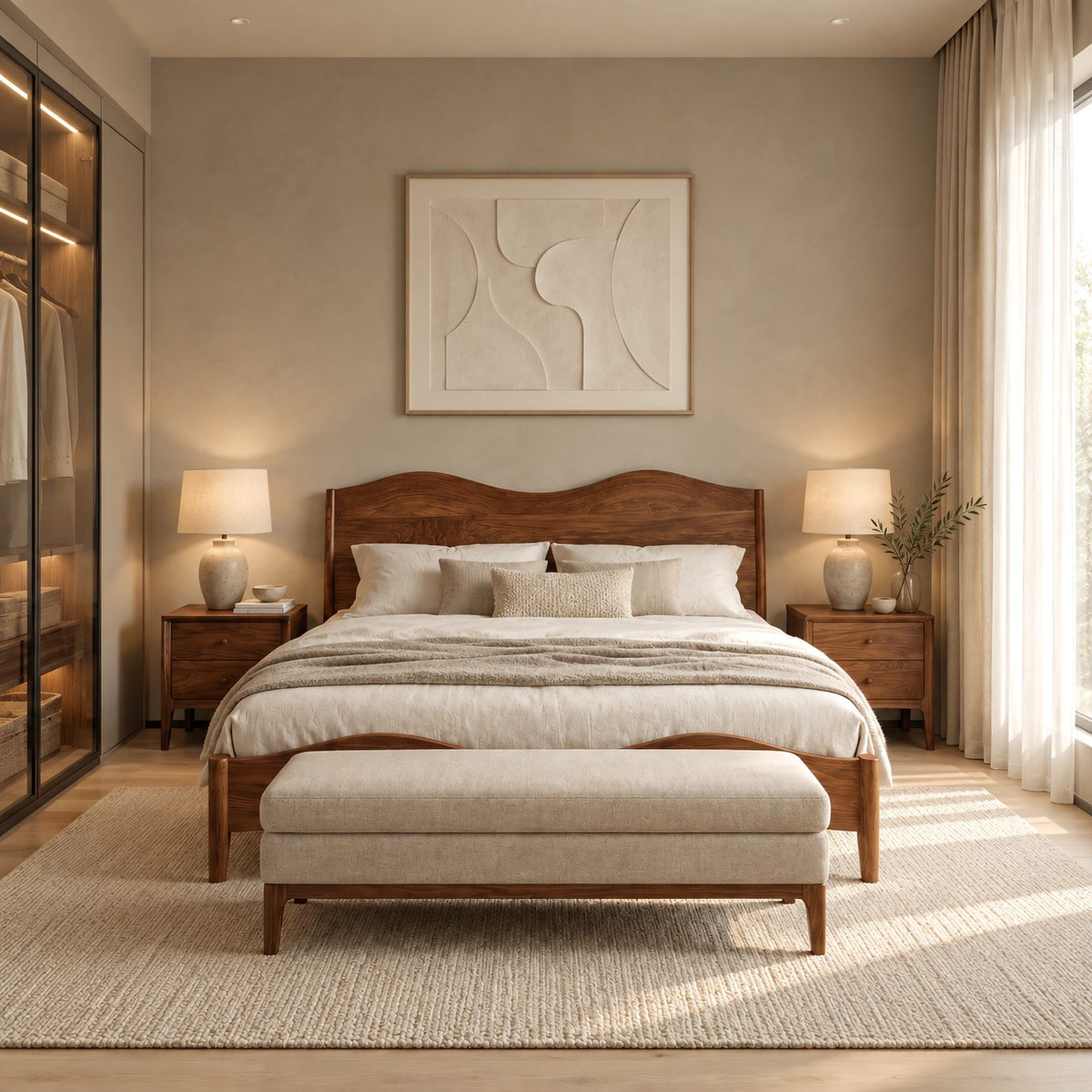 Farmhouse Wooden Bed Frame With Scalloped Headboard For Bedroom