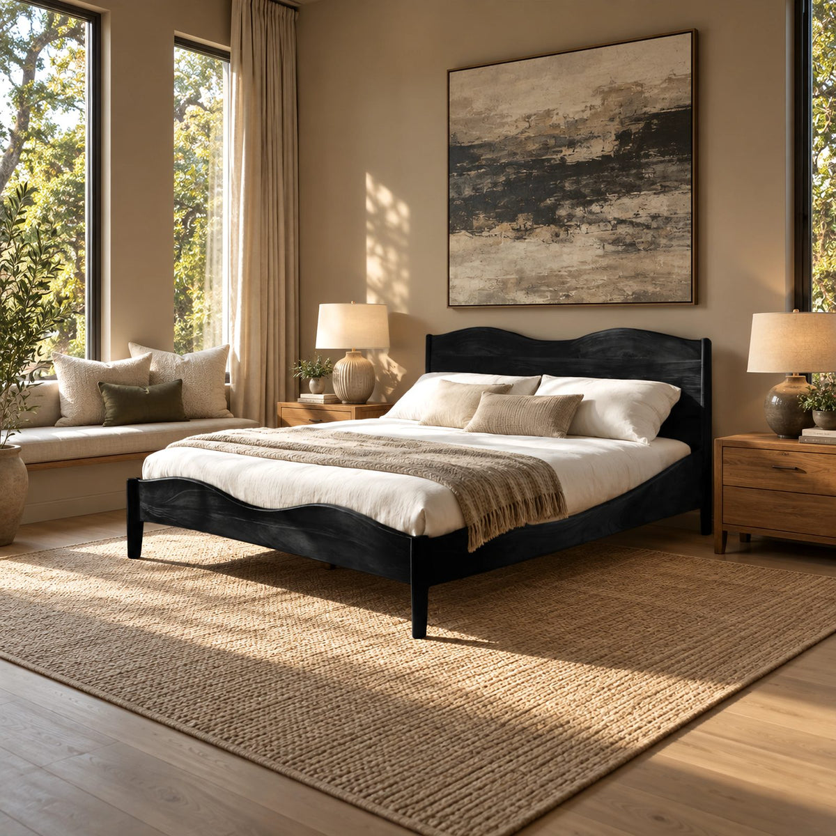Farmhouse Wooden Bed Frame With Scalloped Headboard For Bedroom