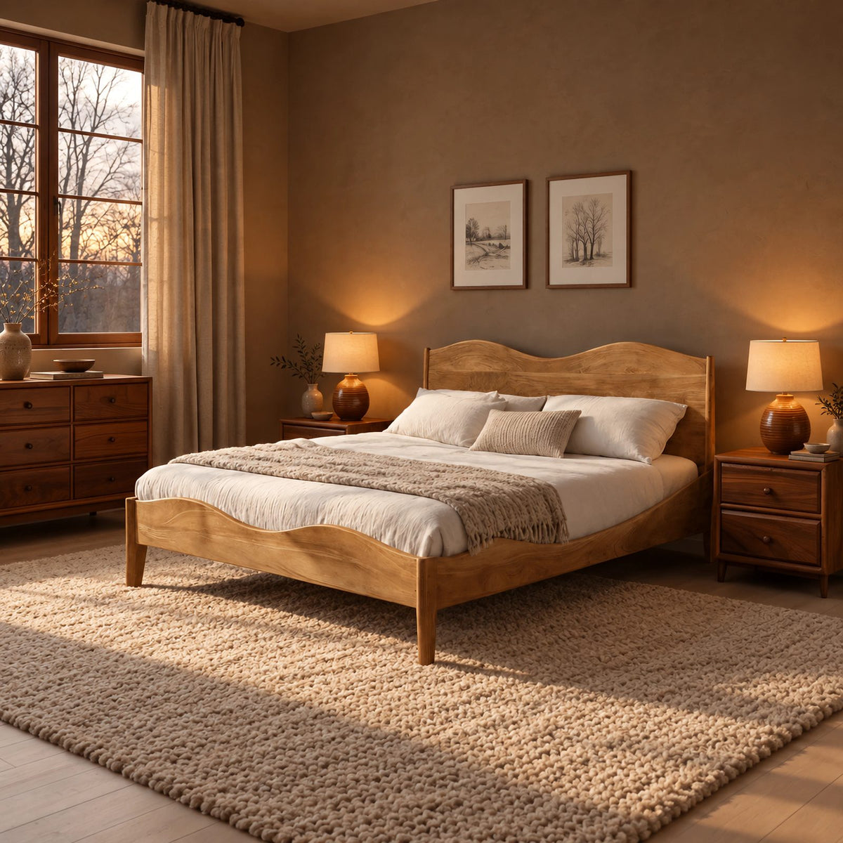 Farmhouse Wooden Bed Frame With Scalloped Headboard For Bedroom