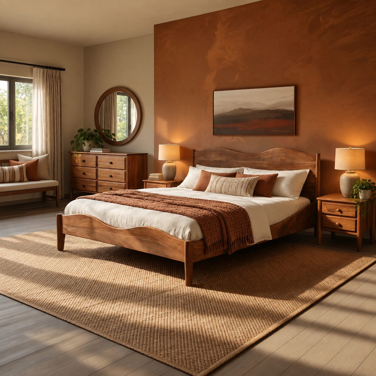 Farmhouse Wooden Bed Frame With Scalloped Headboard For Bedroom