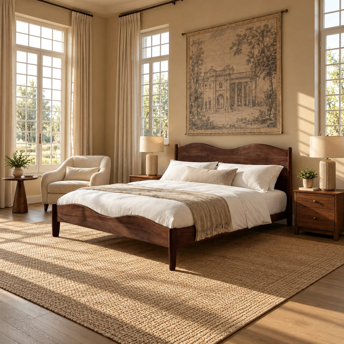 Farmhouse Wooden Bed Frame With Scalloped Headboard For Bedroom