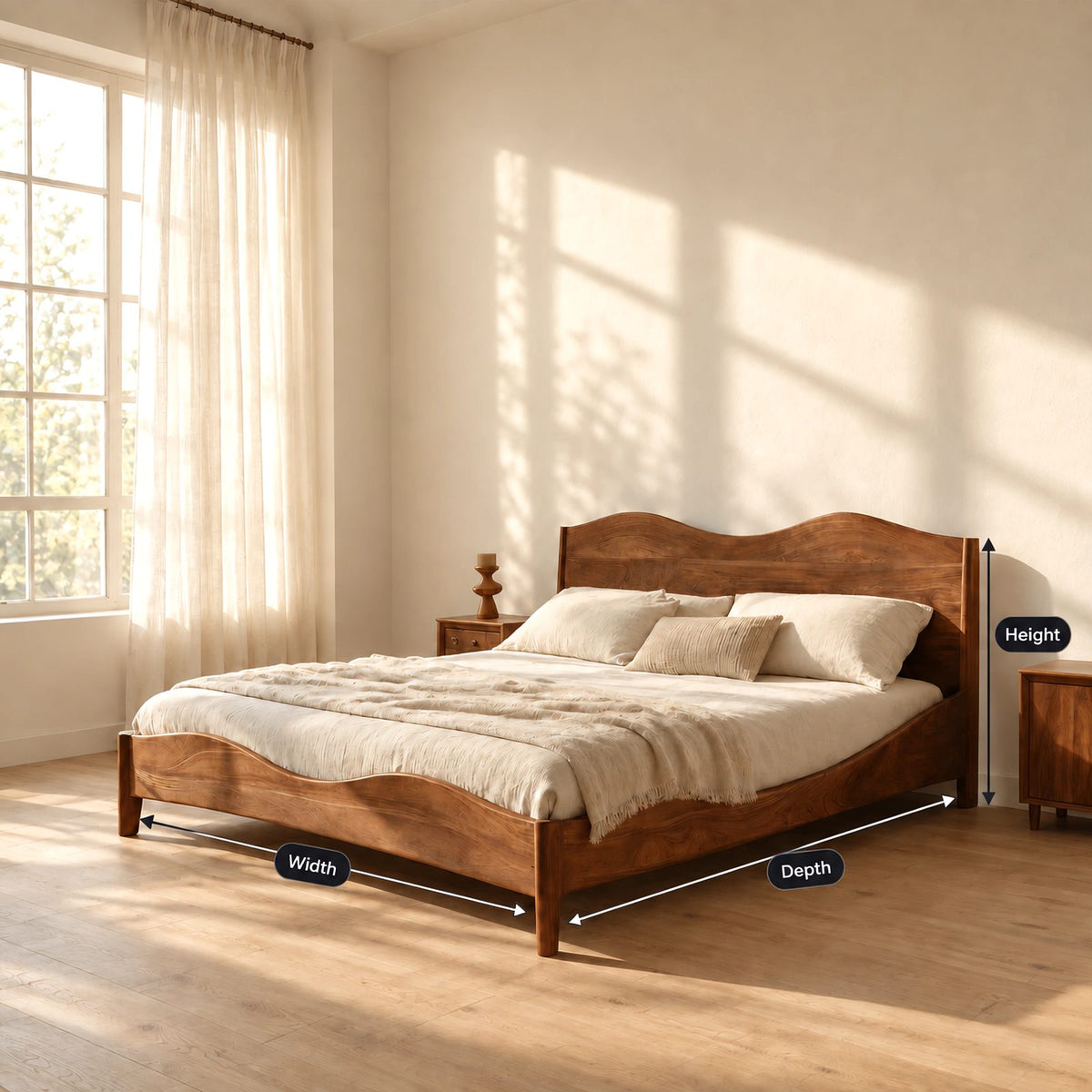Farmhouse Wooden Bed Frame With Scalloped Headboard For Bedroom