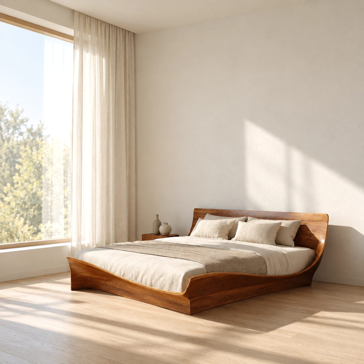 Contemporary Low Profile Bed Frame With Winged Curved Headboard For Bedroom