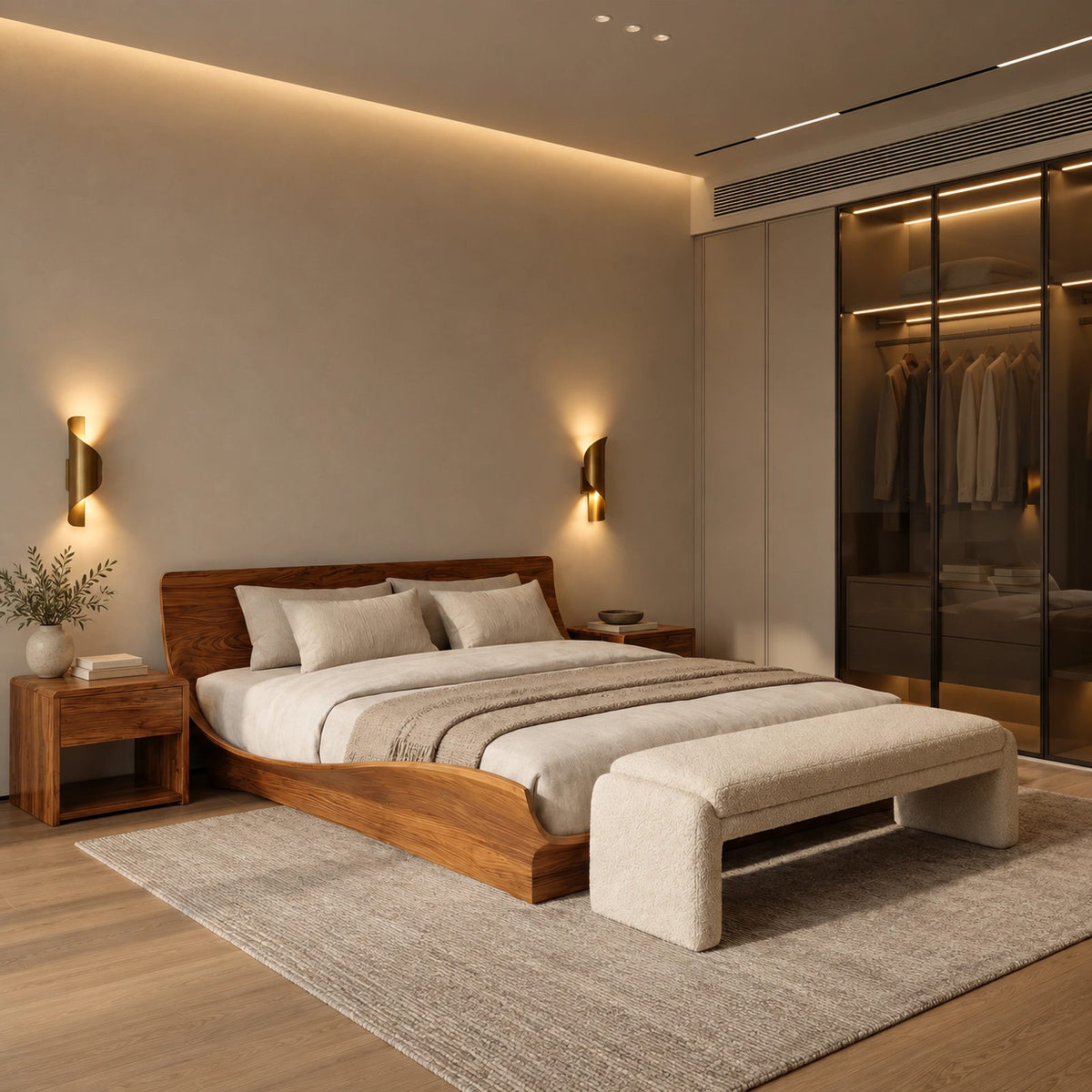 Contemporary Low Profile Bed Frame With Winged Curved Headboard For Bedroom