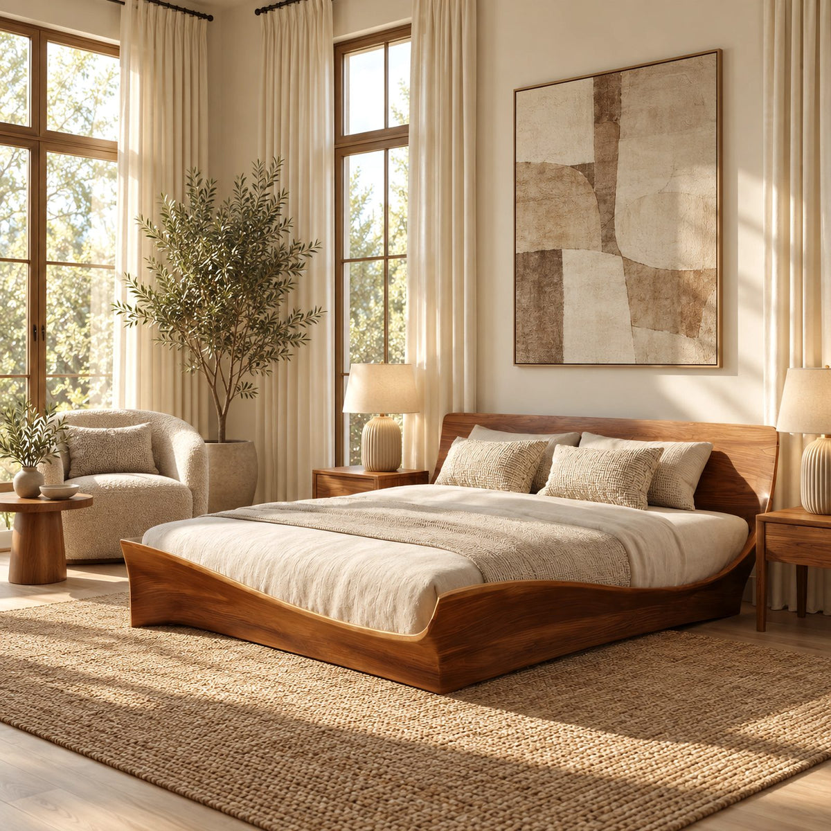 Contemporary Low Profile Bed Frame With Winged Curved Headboard For Bedroom
