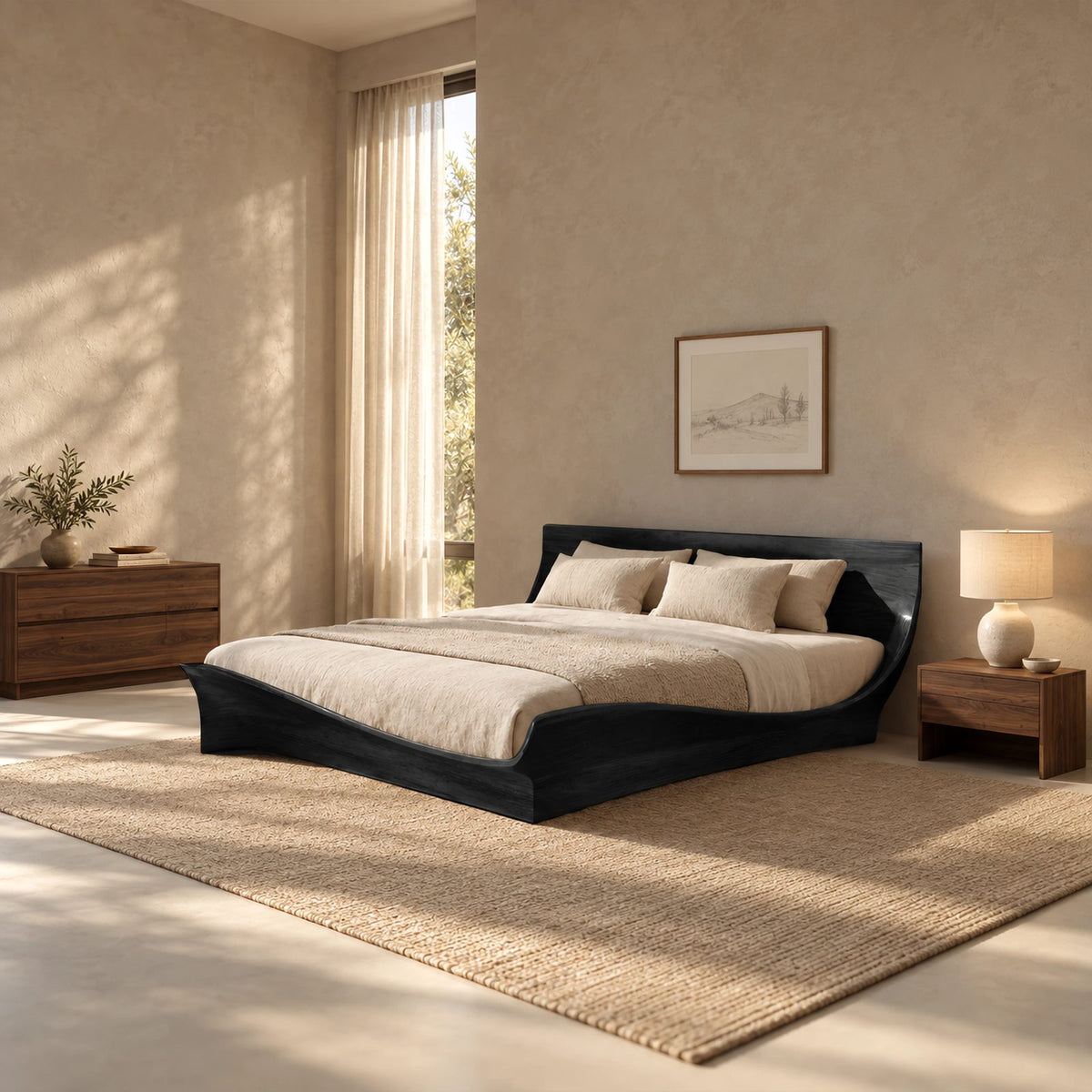Contemporary Low Profile Bed Frame With Winged Curved Headboard For Bedroom