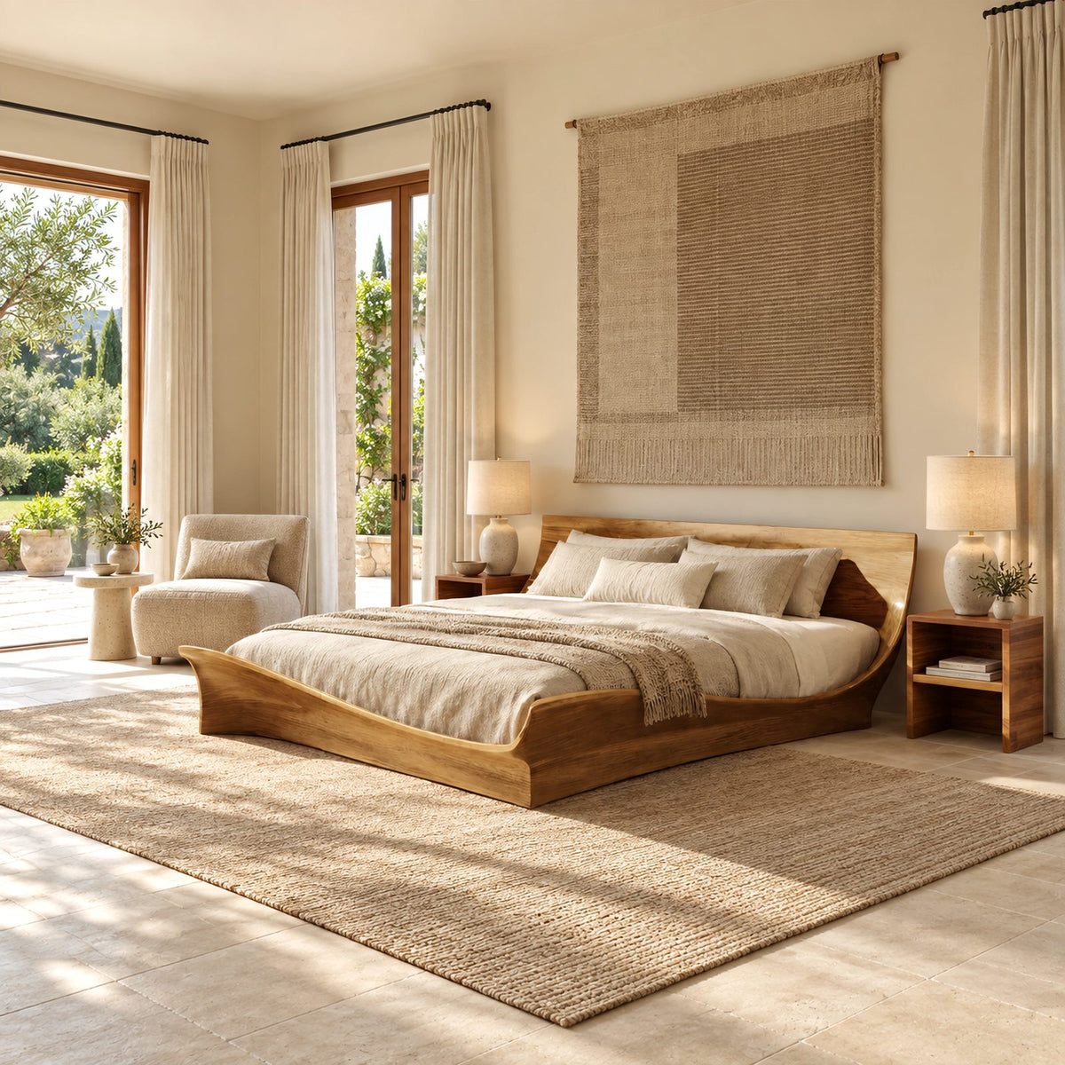 Contemporary Low Profile Bed Frame With Winged Curved Headboard For Bedroom