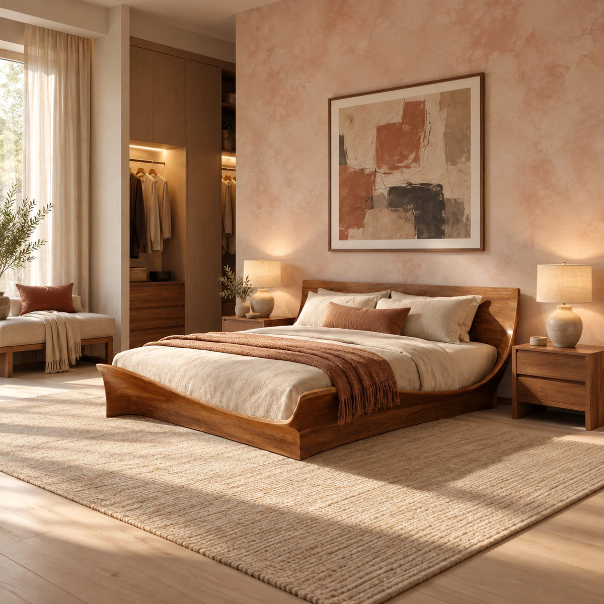 Contemporary Low Profile Bed Frame With Winged Curved Headboard For Bedroom