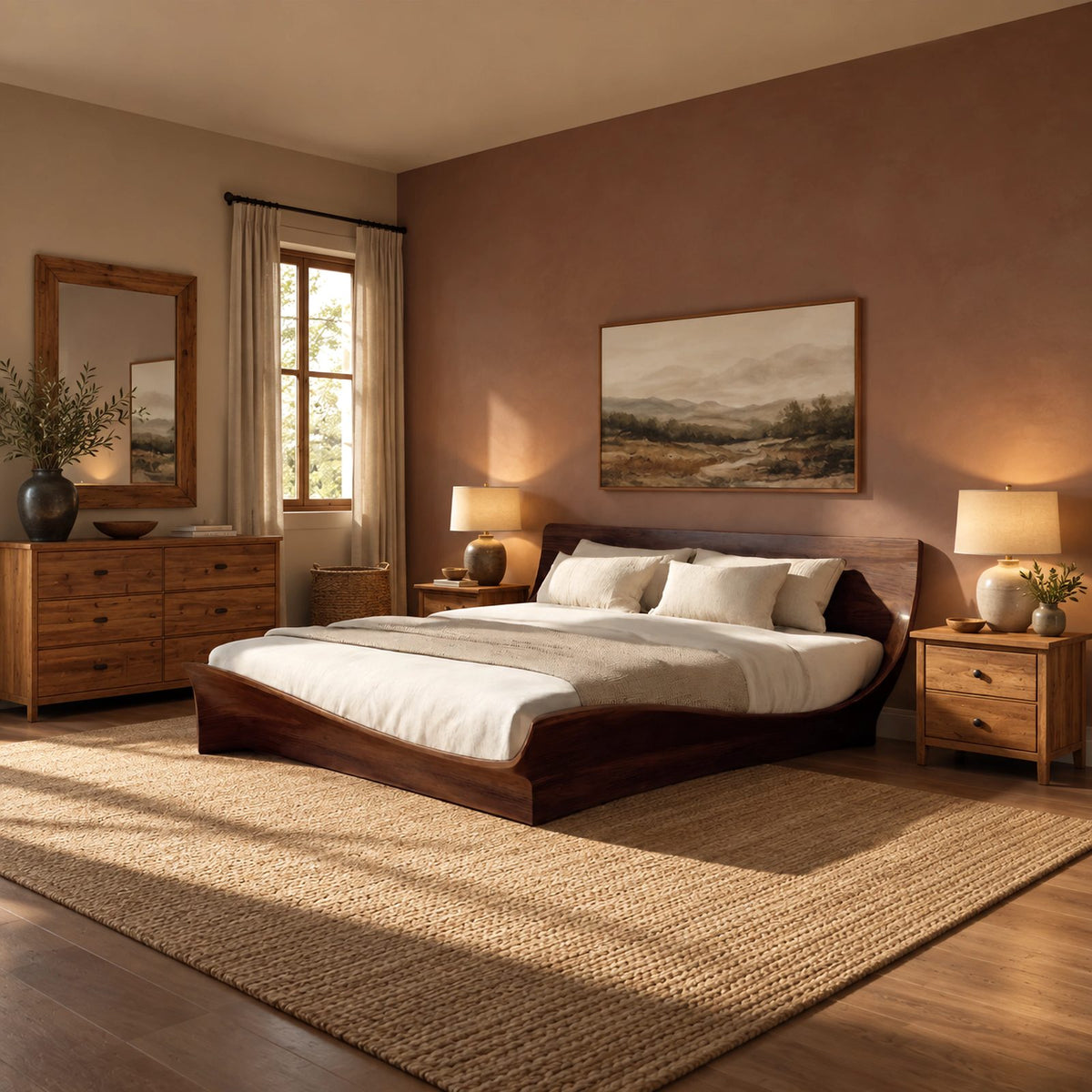 Contemporary Low Profile Bed Frame With Winged Curved Headboard For Bedroom