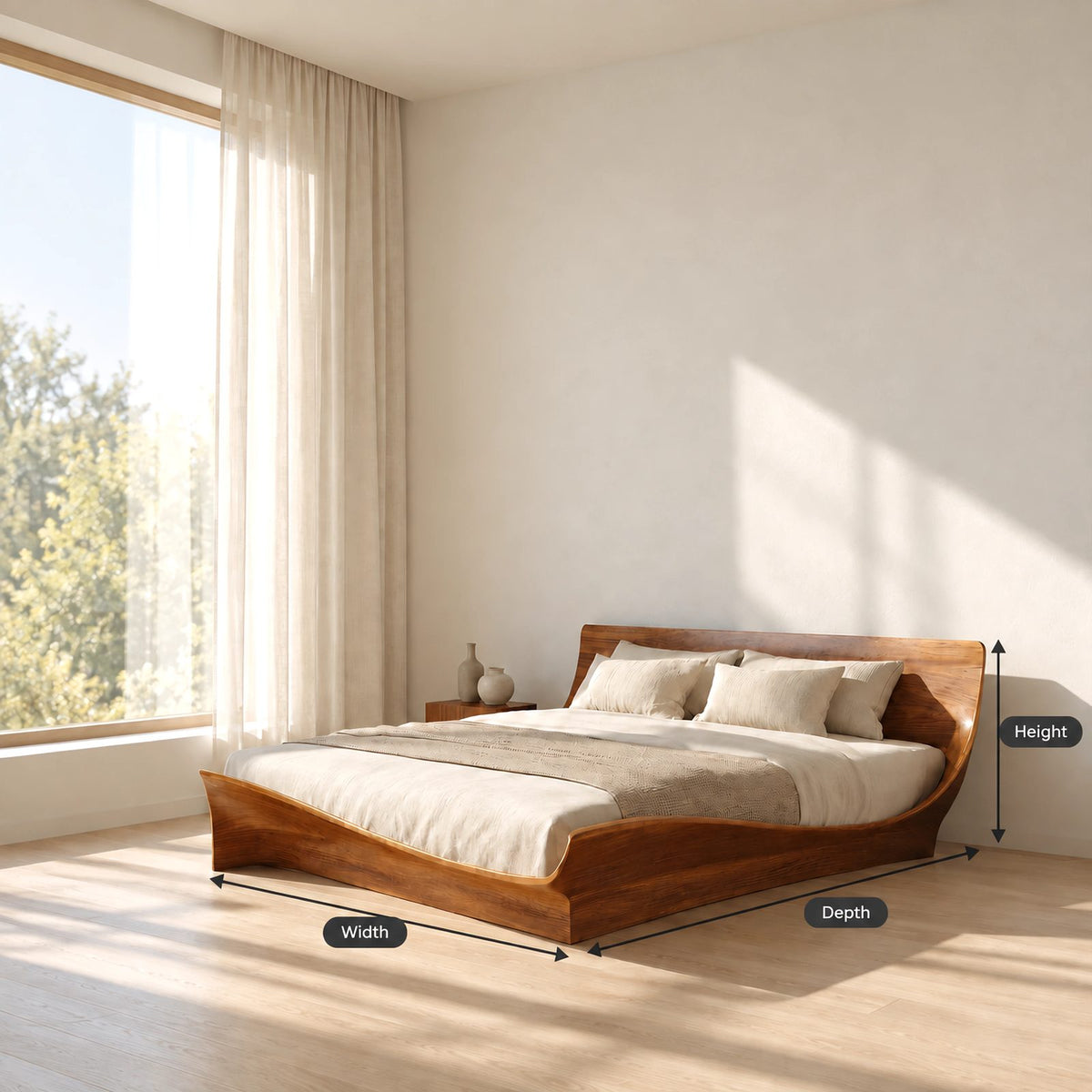 Contemporary Low Profile Bed Frame With Winged Curved Headboard For Bedroom