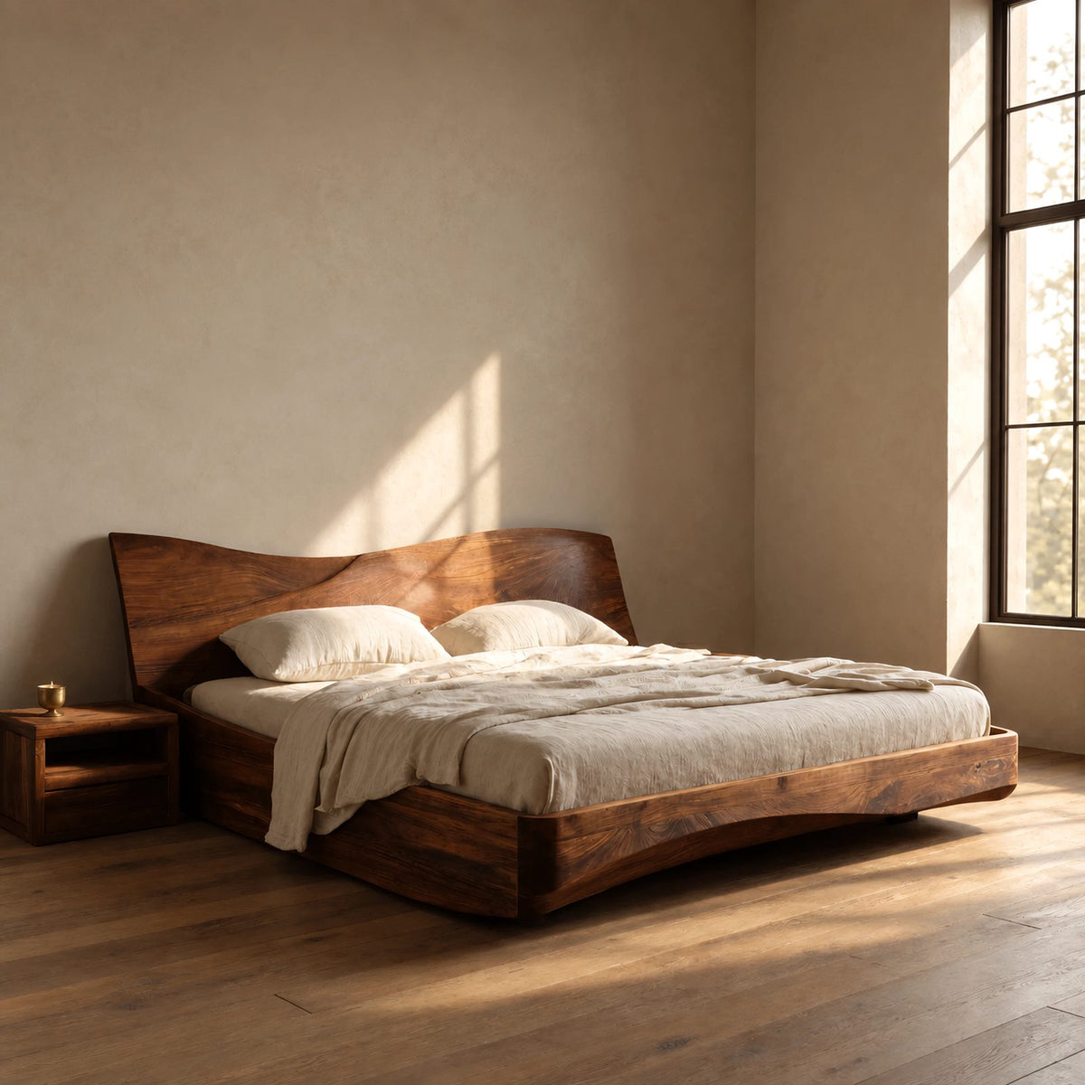 Minimalist Wooden Platform Bed With Sweeping Wave Headboard For Bedroom