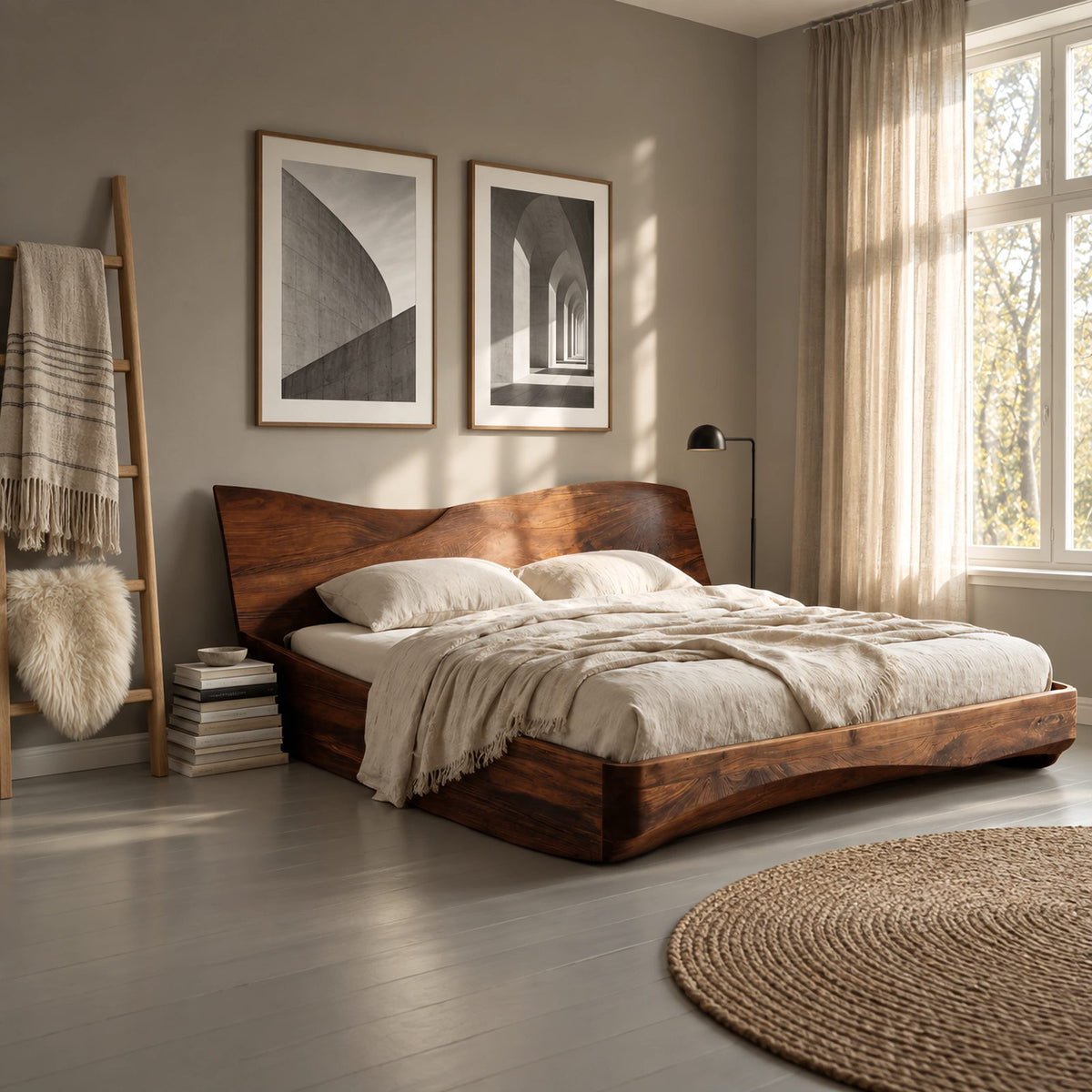 Minimalist Wooden Platform Bed With Sweeping Wave Headboard For Bedroom