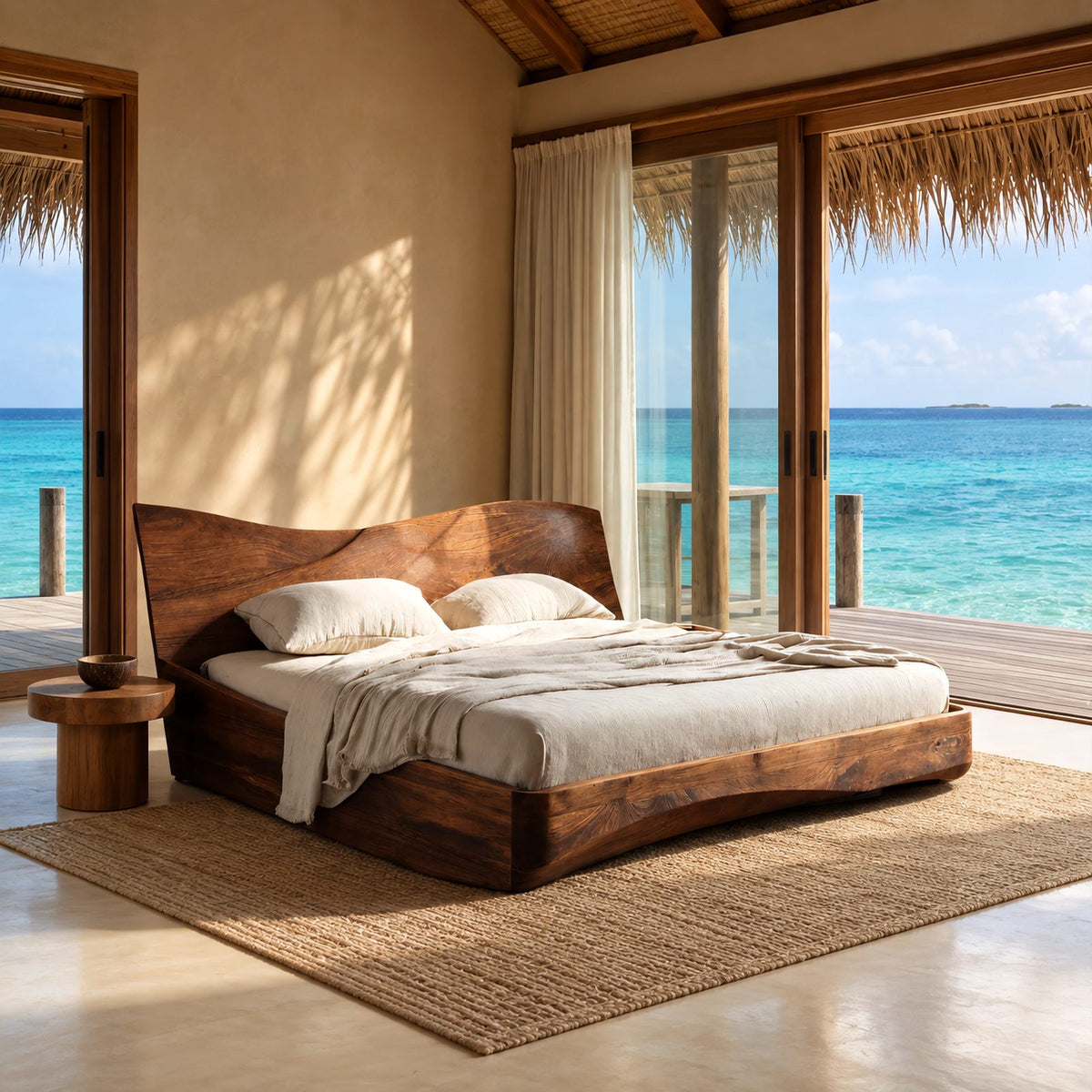 Minimalist Wooden Platform Bed With Sweeping Wave Headboard For Bedroom