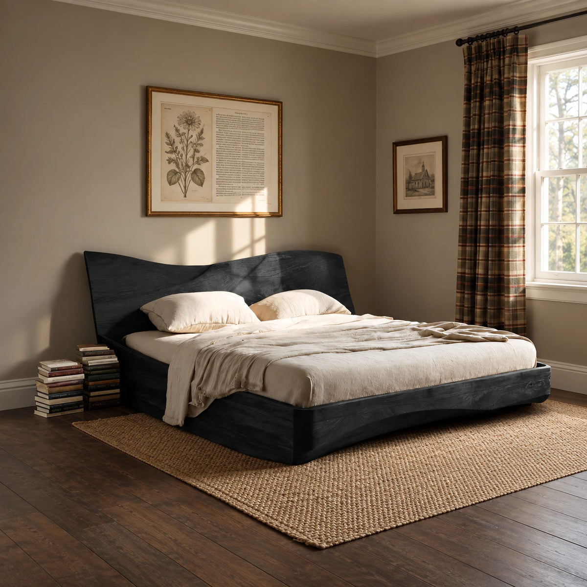 Minimalist Wooden Platform Bed With Sweeping Wave Headboard For Bedroom