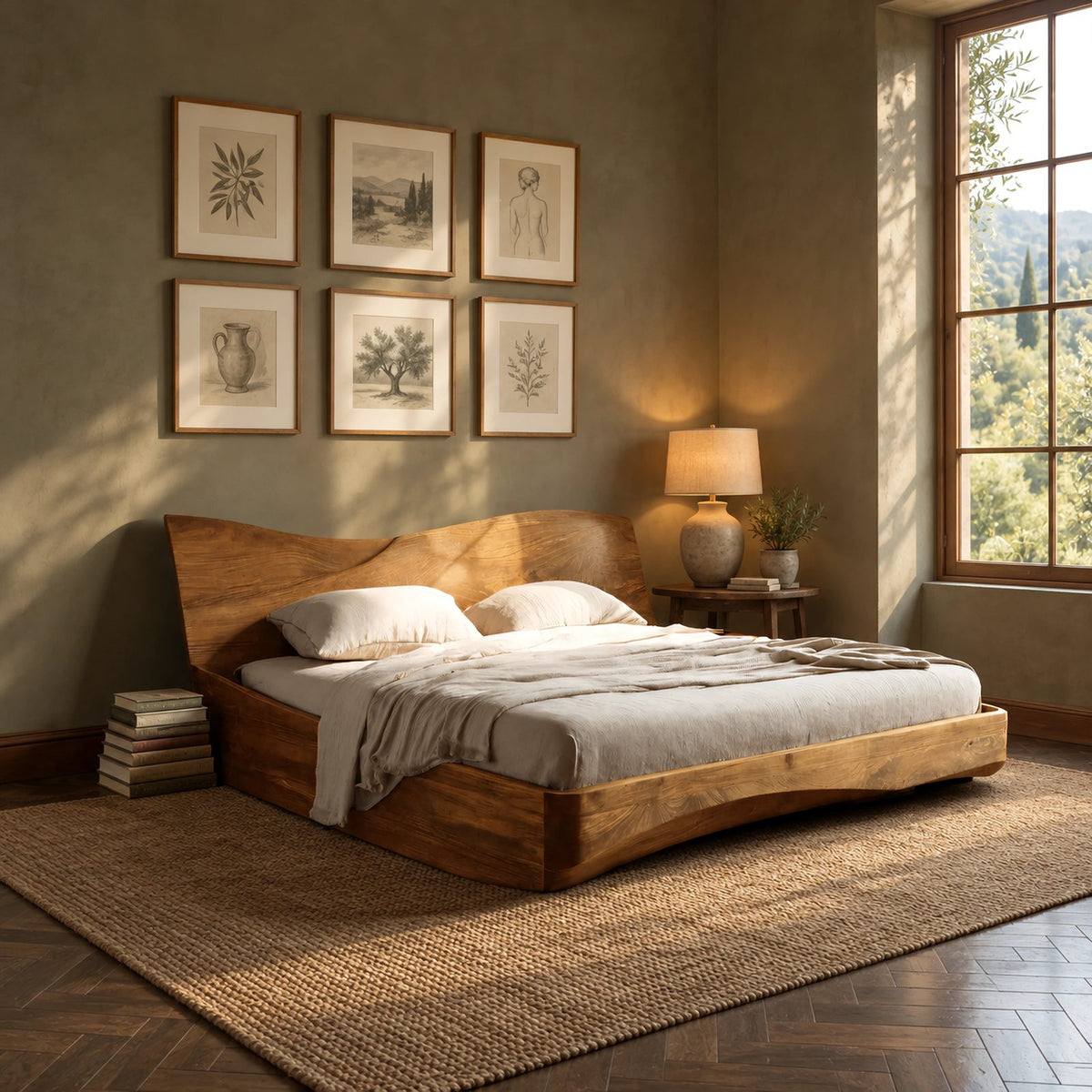 Minimalist Wooden Platform Bed With Sweeping Wave Headboard For Bedroom