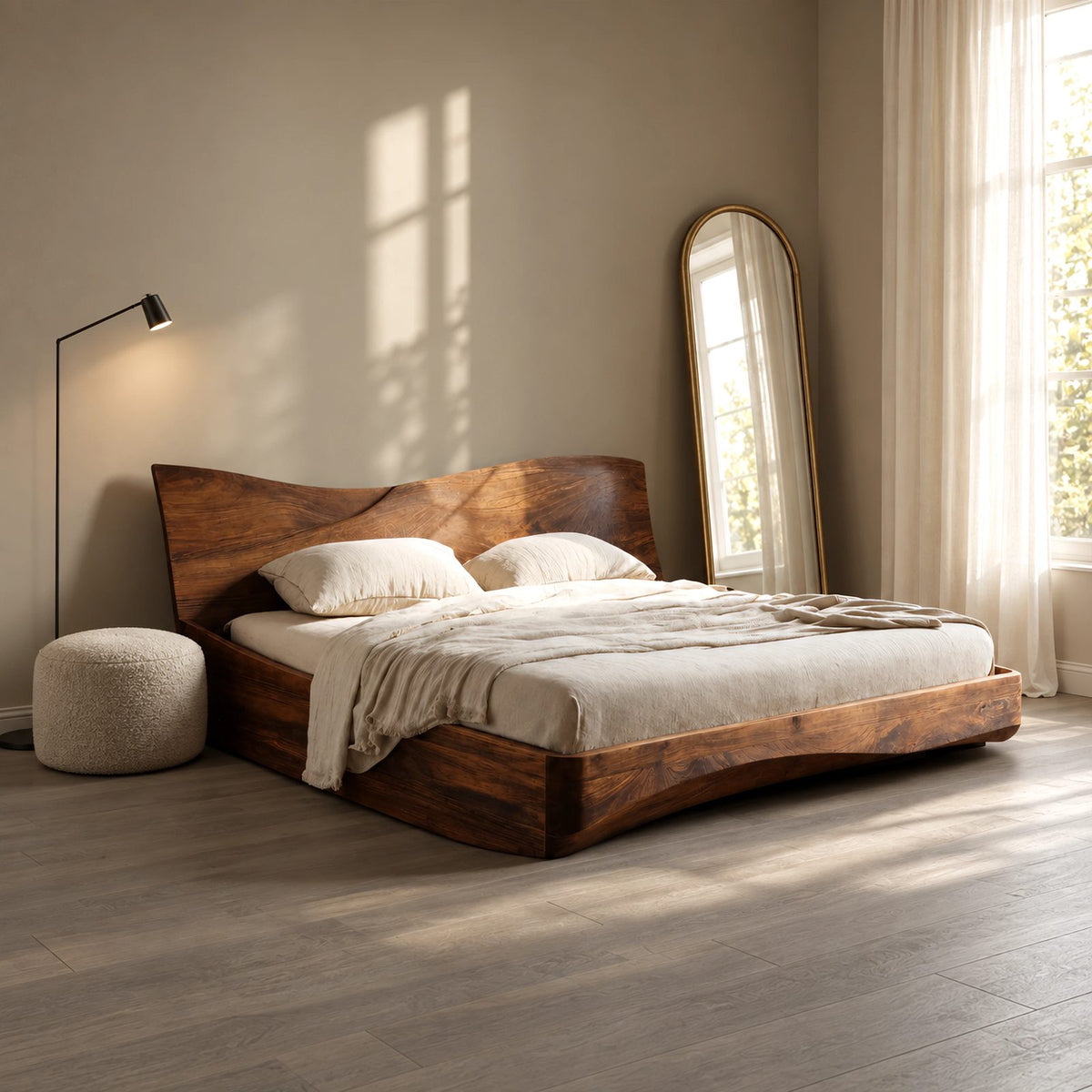 Minimalist Wooden Platform Bed With Sweeping Wave Headboard For Bedroom