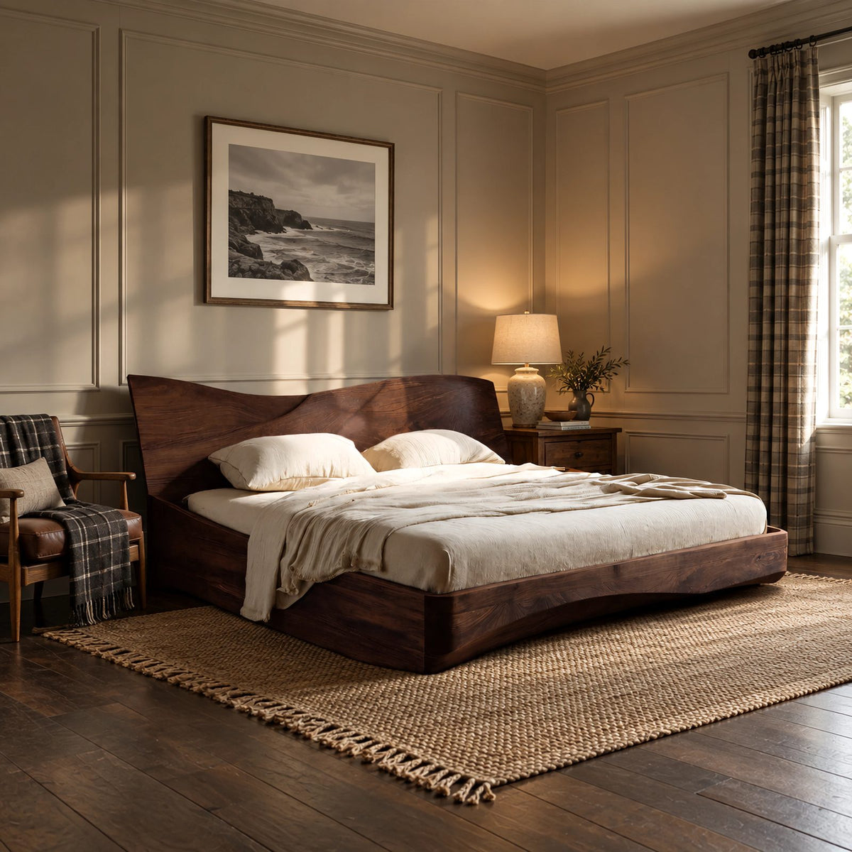 Minimalist Wooden Platform Bed With Sweeping Wave Headboard For Bedroom
