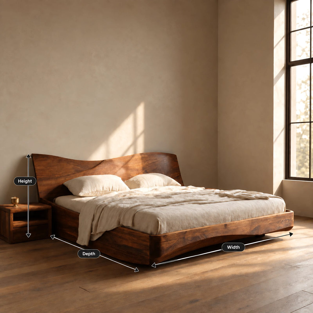 Minimalist Wooden Platform Bed With Sweeping Wave Headboard For Bedroom