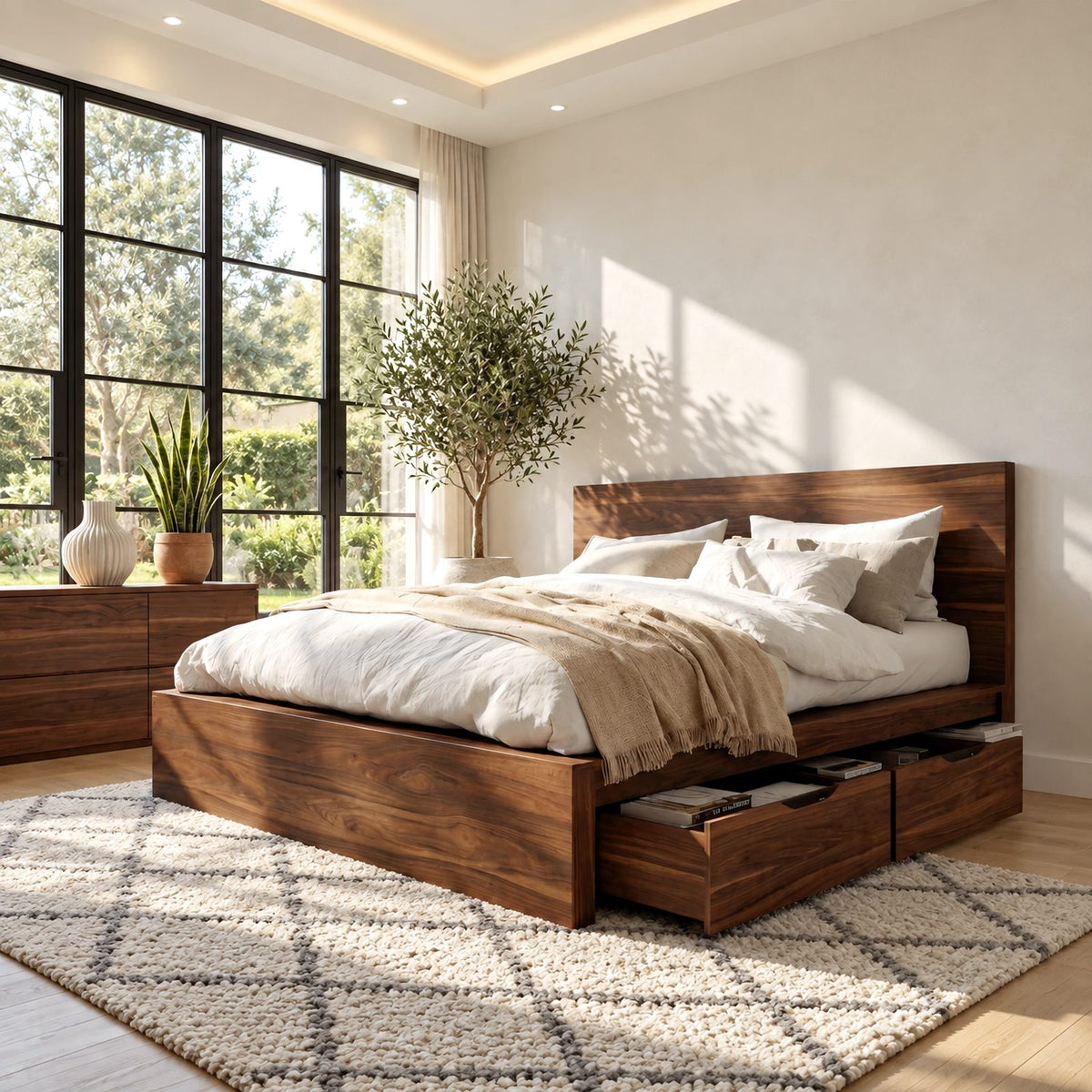 Modern Solid Wood Storage Bed Frame With 4 Drawers For Bedroom
