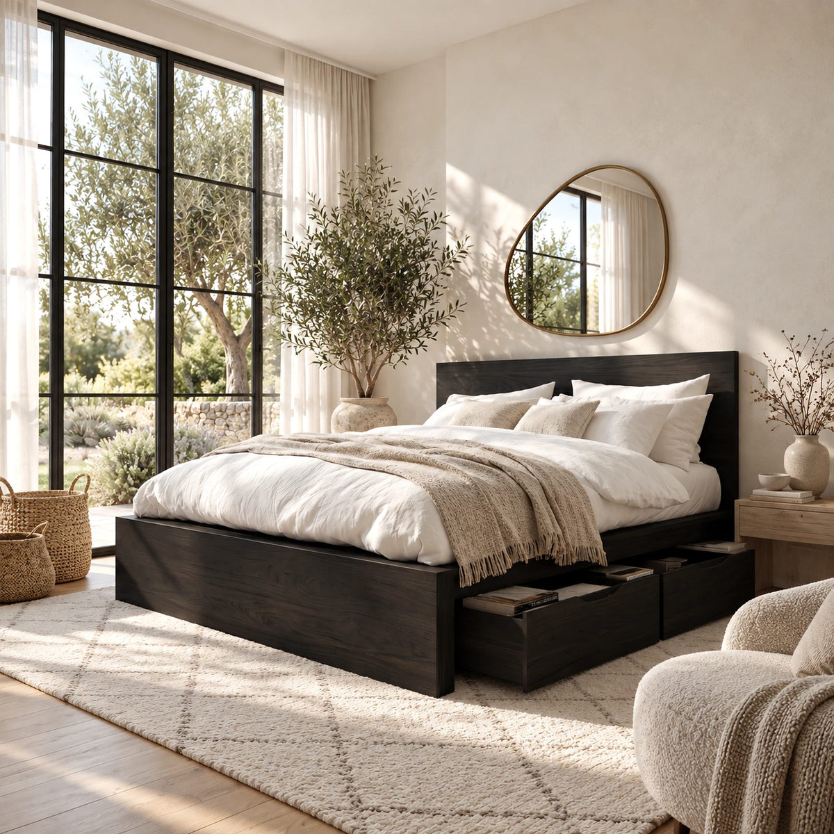 Modern Solid Wood Storage Bed Frame With 4 Drawers For Bedroom