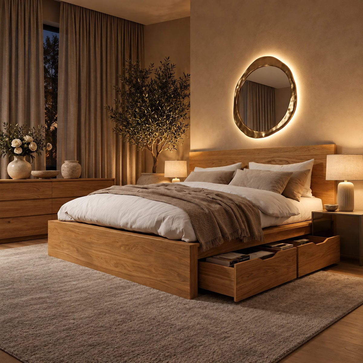 Modern Solid Wood Storage Bed Frame With 4 Drawers For Bedroom