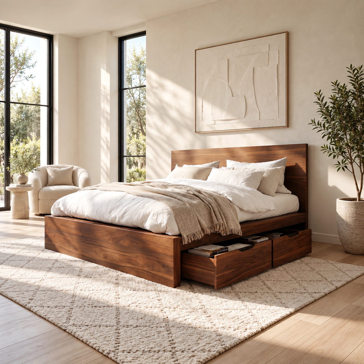 Modern Solid Wood Storage Bed Frame With 4 Drawers For Bedroom