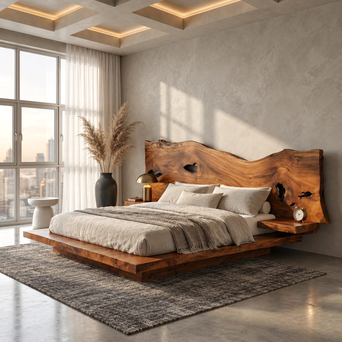 Live Edge Floating Platform Bed With Wide Slab Headboard For Bedroom