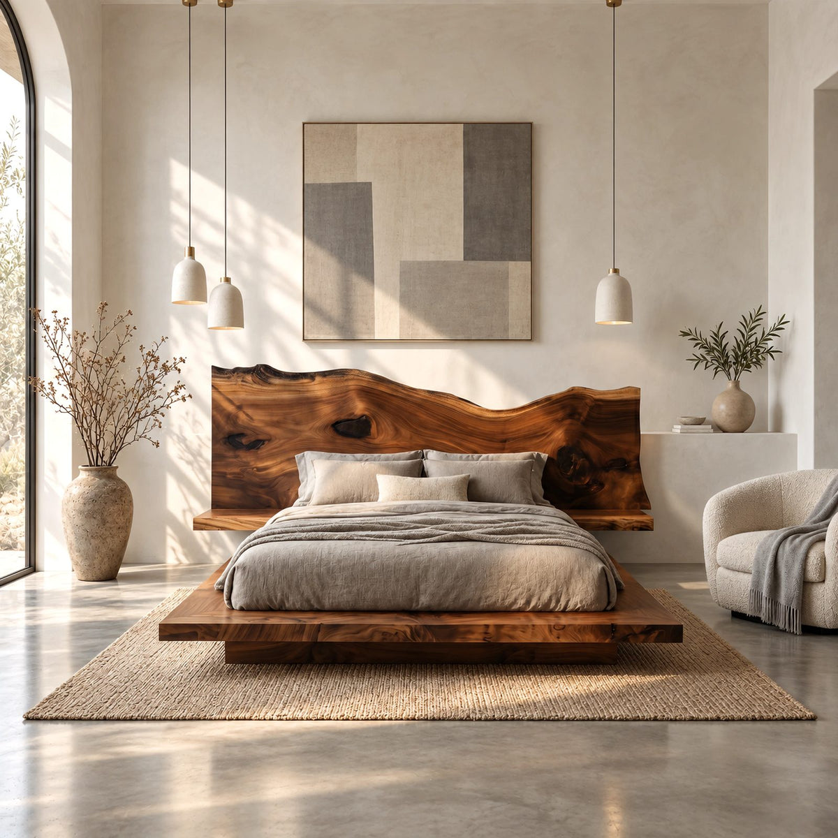 Live Edge Floating Platform Bed With Wide Slab Headboard For Bedroom