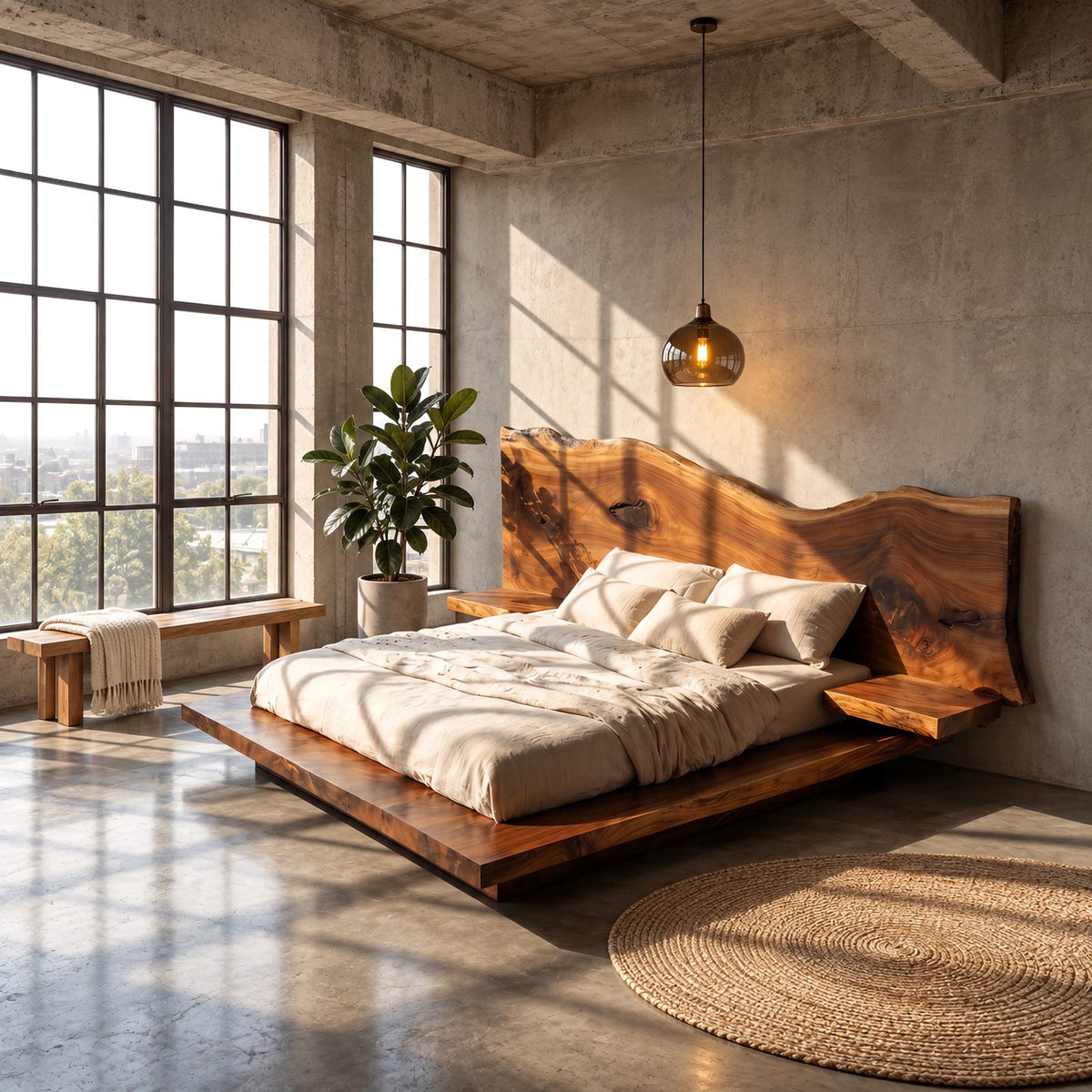 Live Edge Floating Platform Bed With Wide Slab Headboard For Bedroom