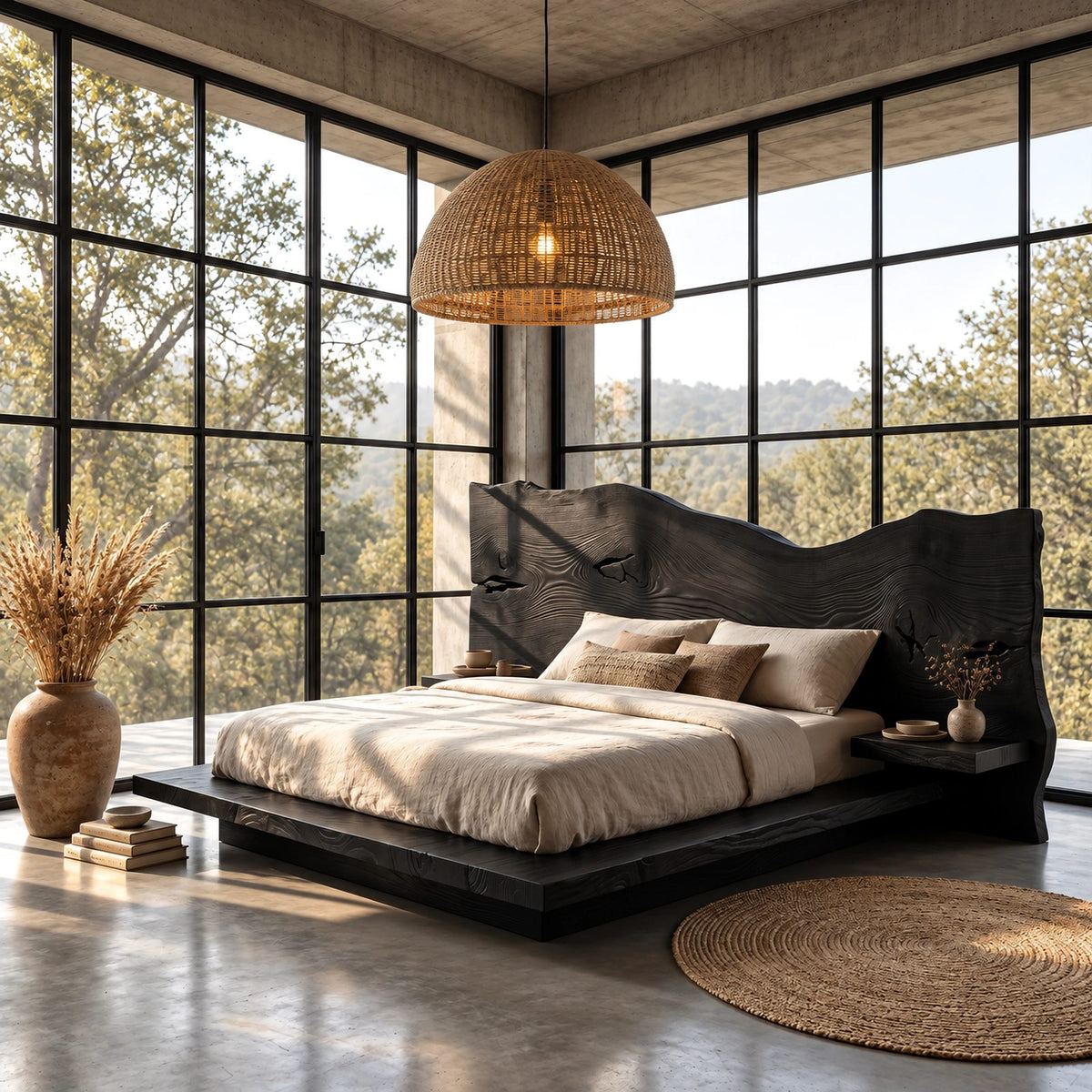 Live Edge Floating Platform Bed With Wide Slab Headboard For Bedroom