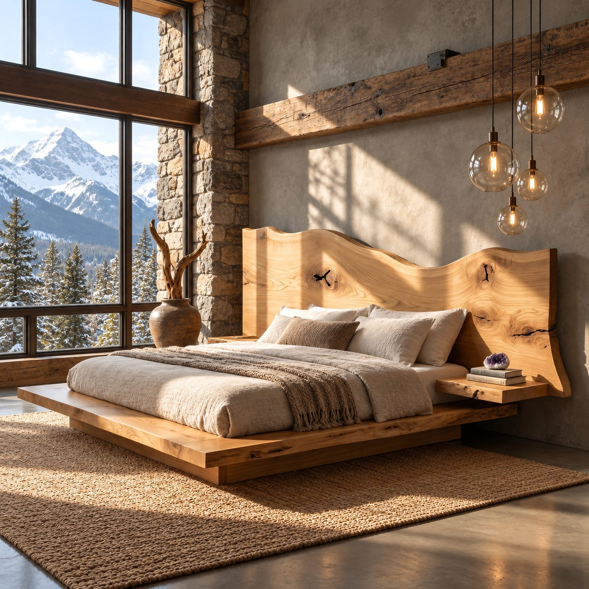 Live Edge Floating Platform Bed With Wide Slab Headboard For Bedroom