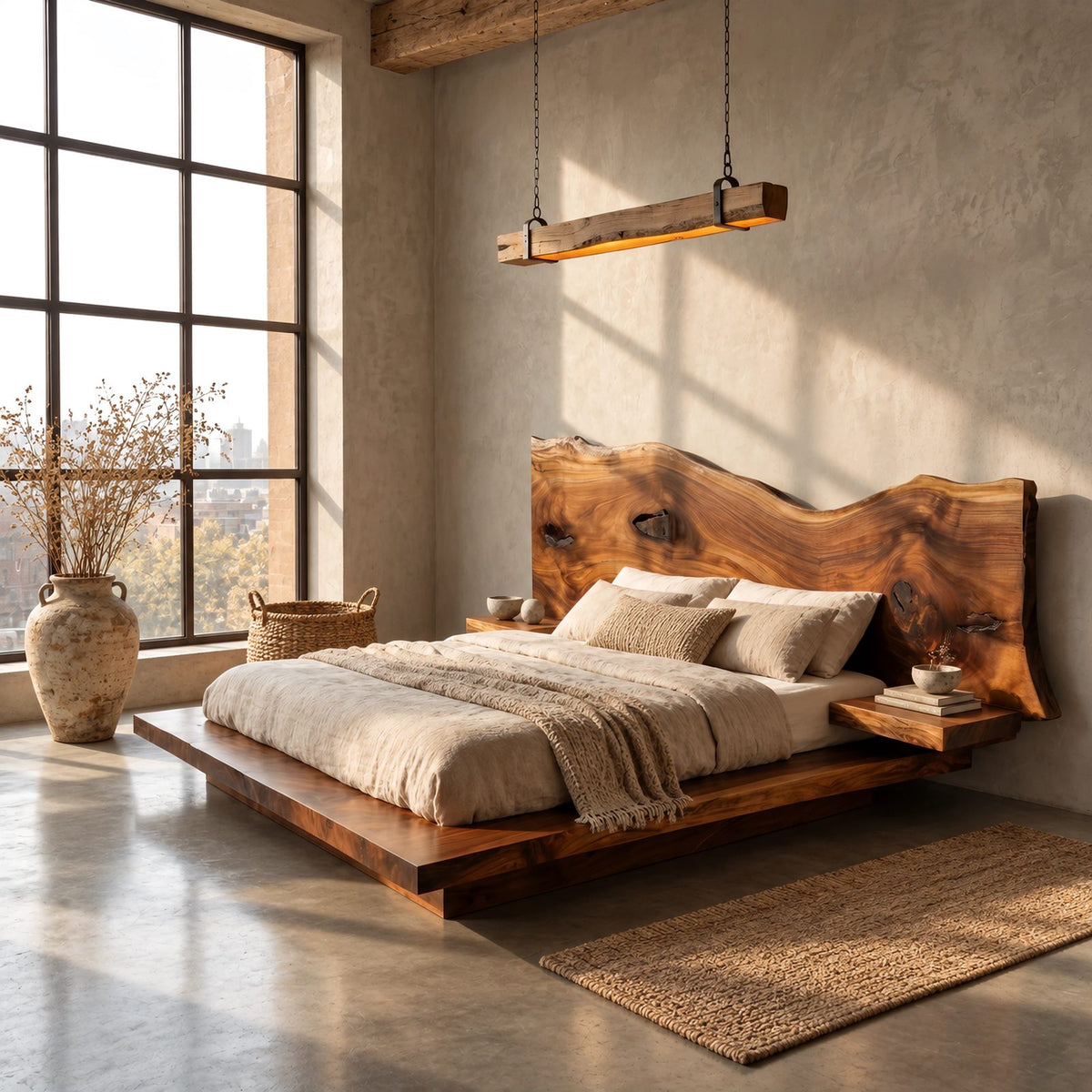 Live Edge Floating Platform Bed With Wide Slab Headboard For Bedroom