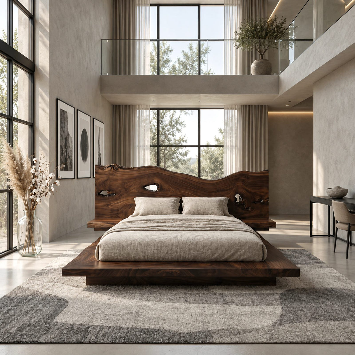 Live Edge Floating Platform Bed With Wide Slab Headboard For Bedroom