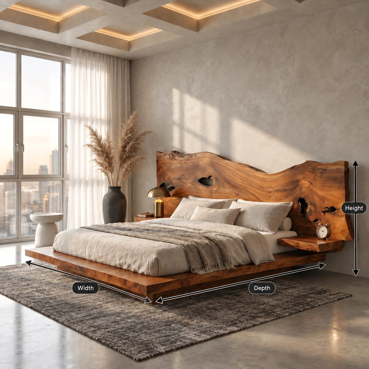 Live Edge Floating Platform Bed With Wide Slab Headboard For Bedroom