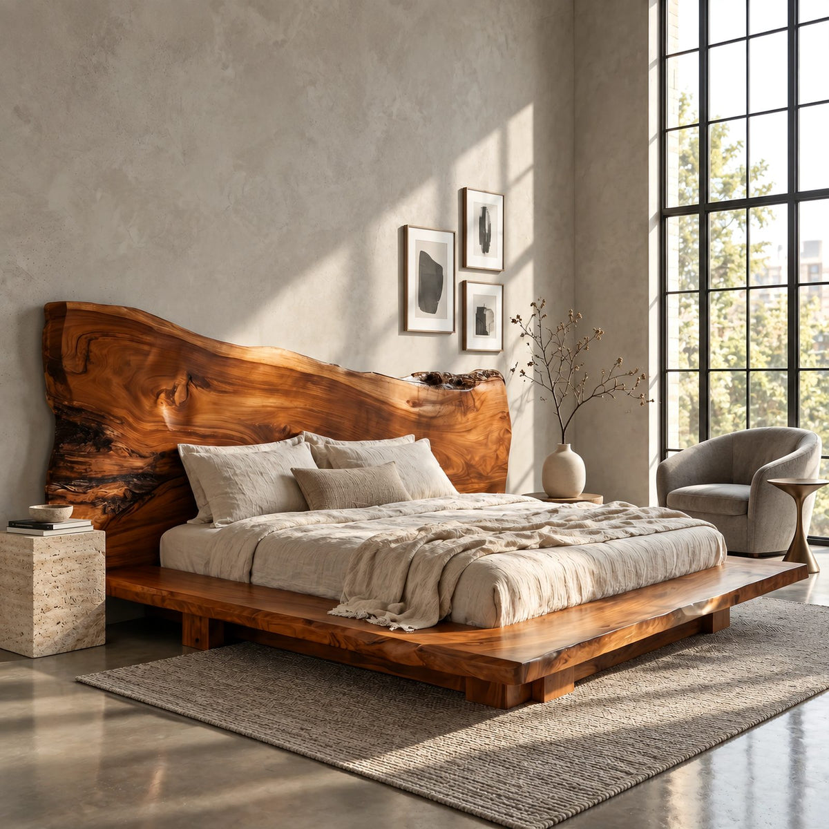Rustic Slab Platform Bed With Towering Live Edge Headboard For Bedroom
