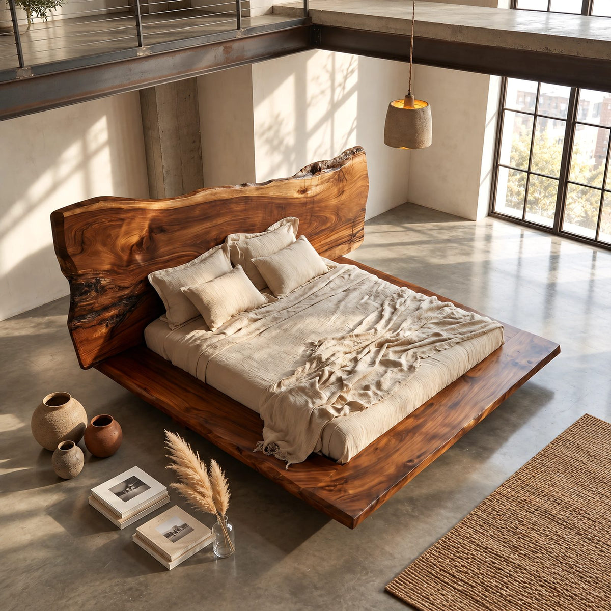 Rustic Slab Platform Bed With Towering Live Edge Headboard For Bedroom