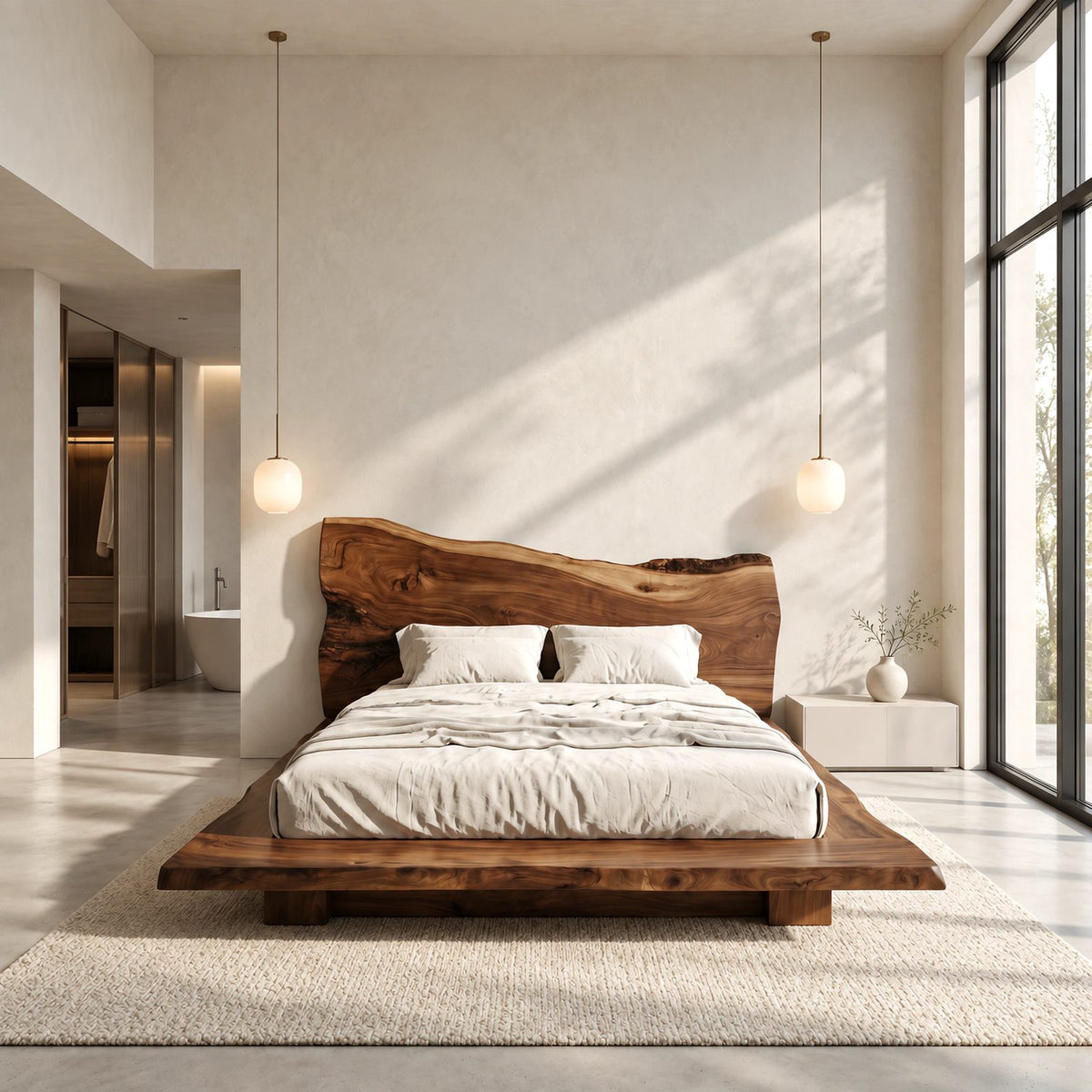 Rustic Slab Platform Bed With Towering Live Edge Headboard For Bedroom