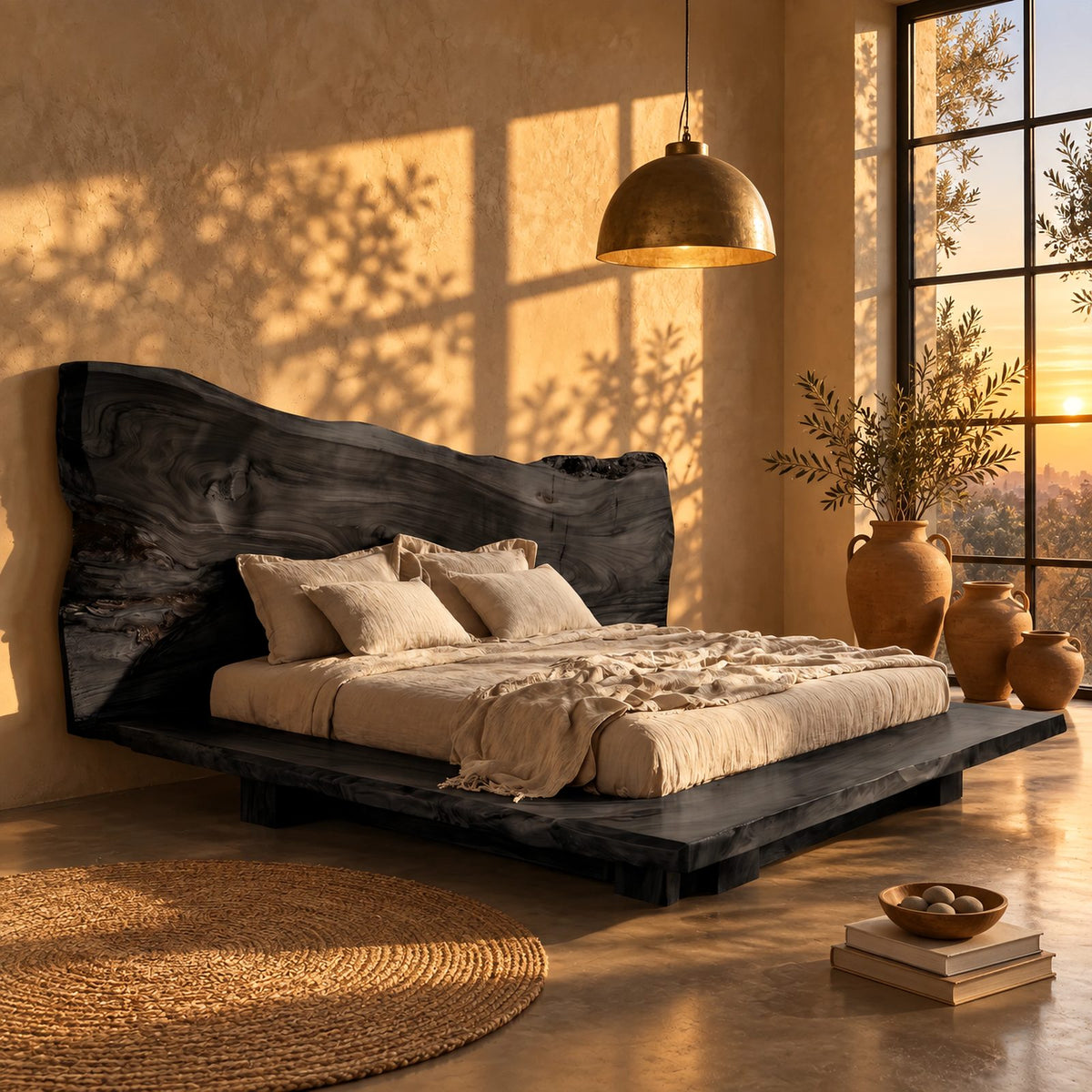 Rustic Slab Platform Bed With Towering Live Edge Headboard For Bedroom