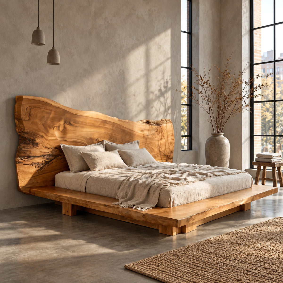 Rustic Slab Platform Bed With Towering Live Edge Headboard For Bedroom