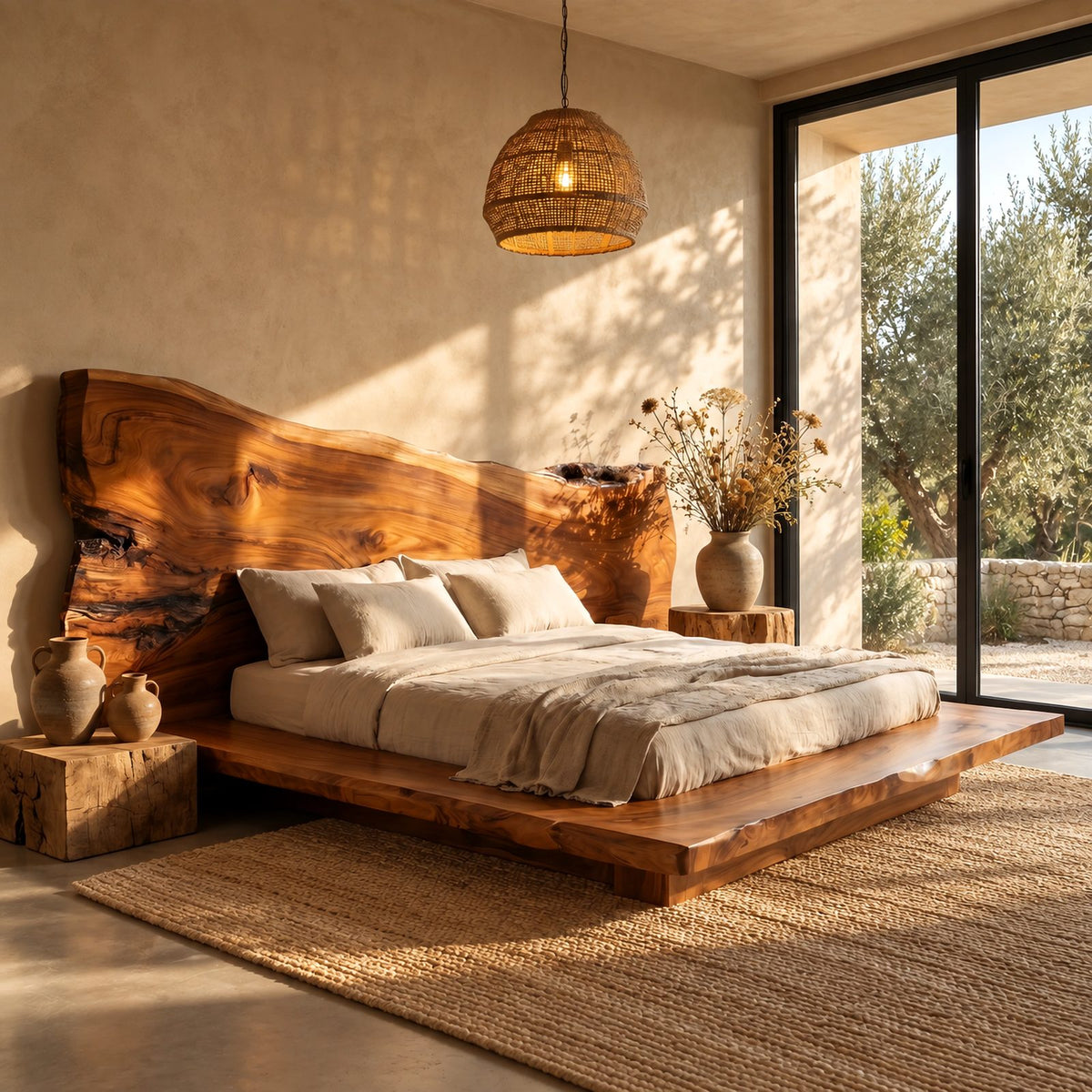 Rustic Slab Platform Bed With Towering Live Edge Headboard For Bedroom
