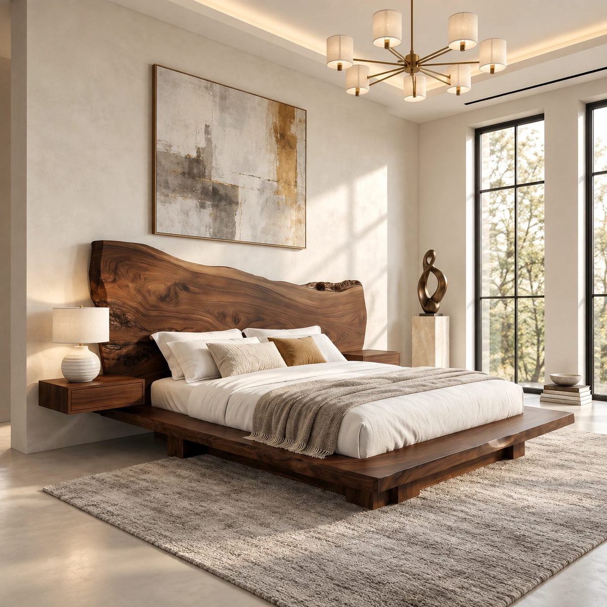 Rustic Slab Platform Bed With Towering Live Edge Headboard For Bedroom