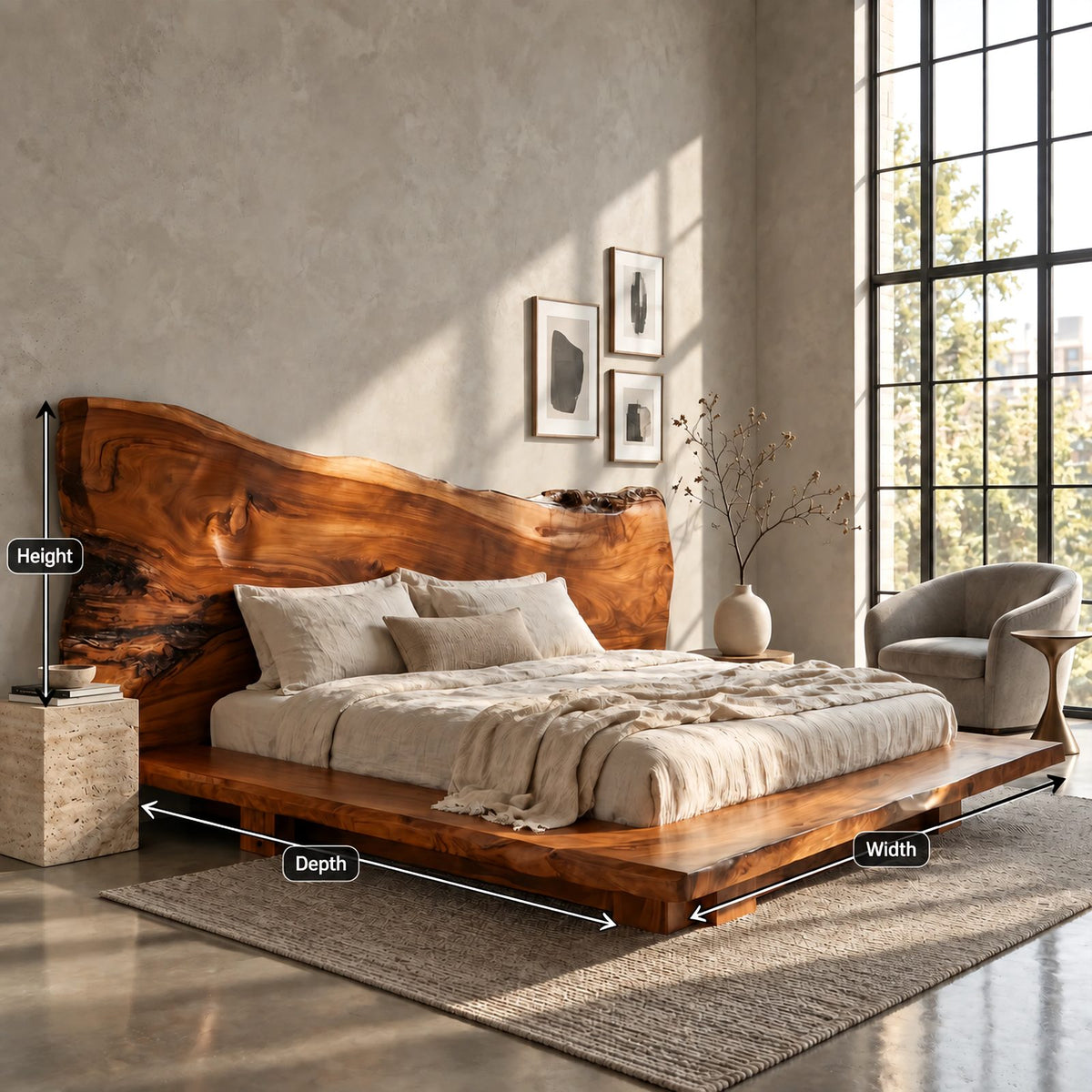 Rustic Slab Platform Bed With Towering Live Edge Headboard For Bedroom
