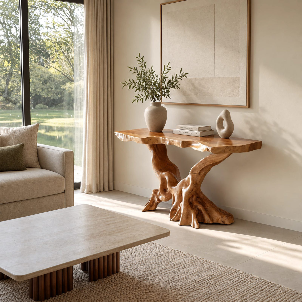 Live Edge Console Table With Natural Root Base For Living Room