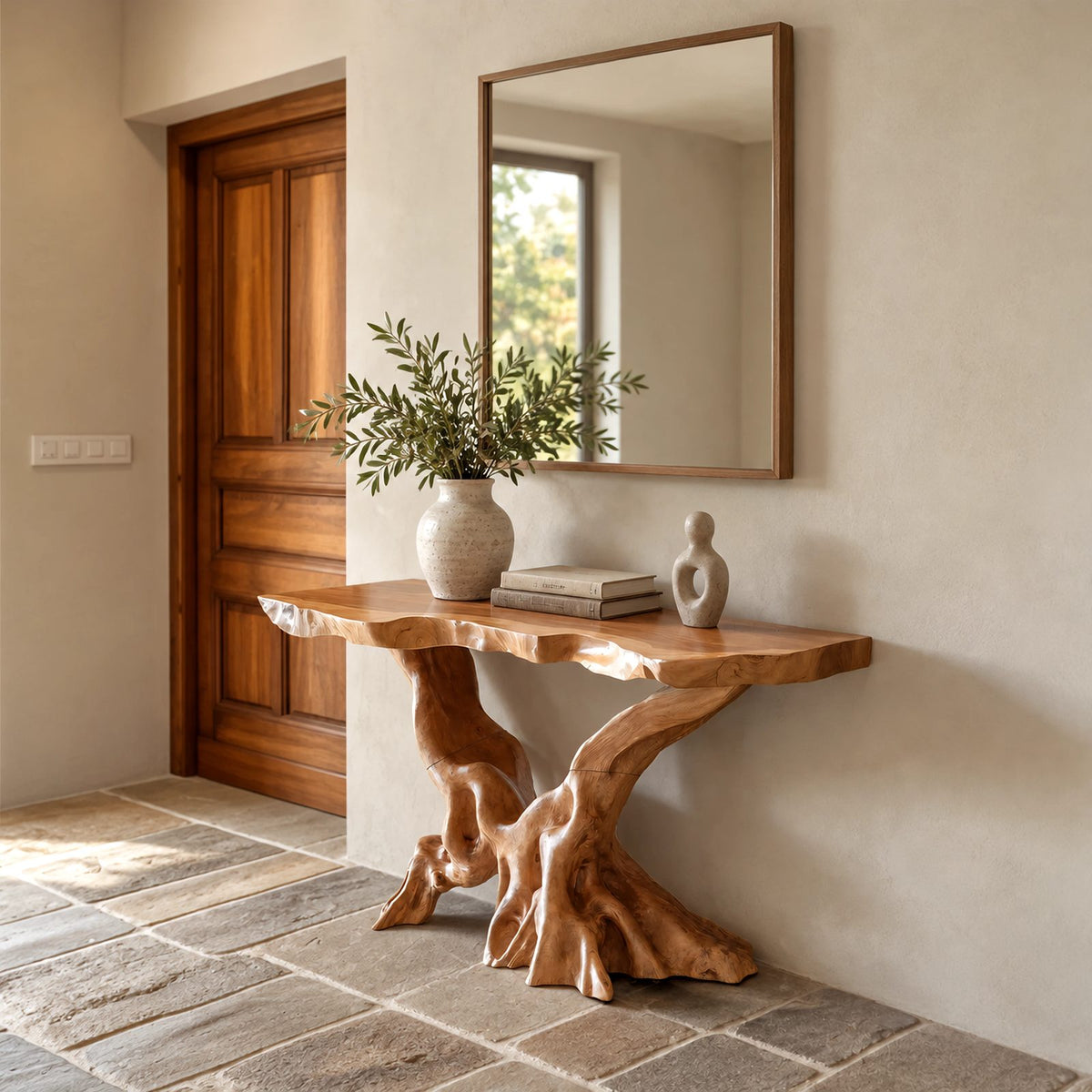 Live Edge Console Table With Natural Root Base For Living Room