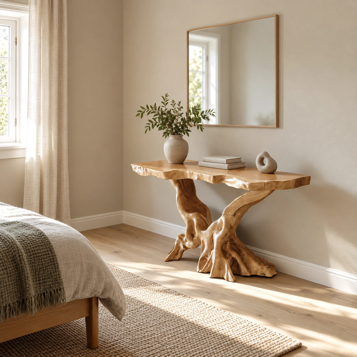 Live Edge Console Table With Natural Root Base For Living Room