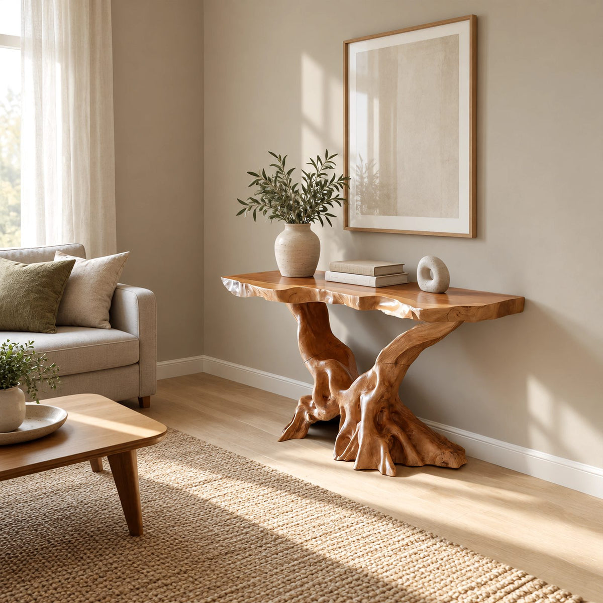 Live Edge Console Table With Natural Root Base For Living Room