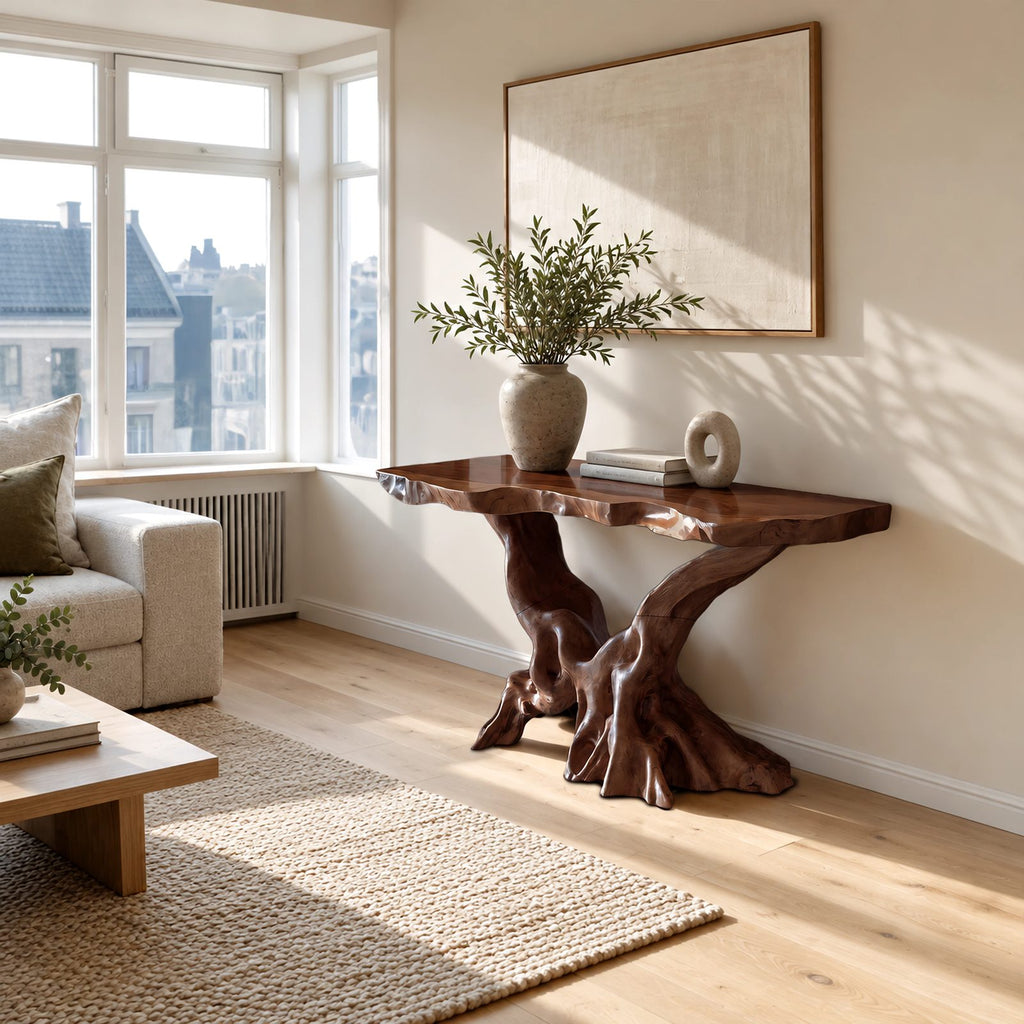 Live Edge Console Table With Natural Root Base For Living Room