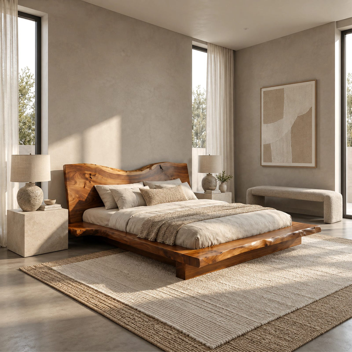 Contemporary Live Edge Platform Bed With Low Slab Headboard For Bedroom