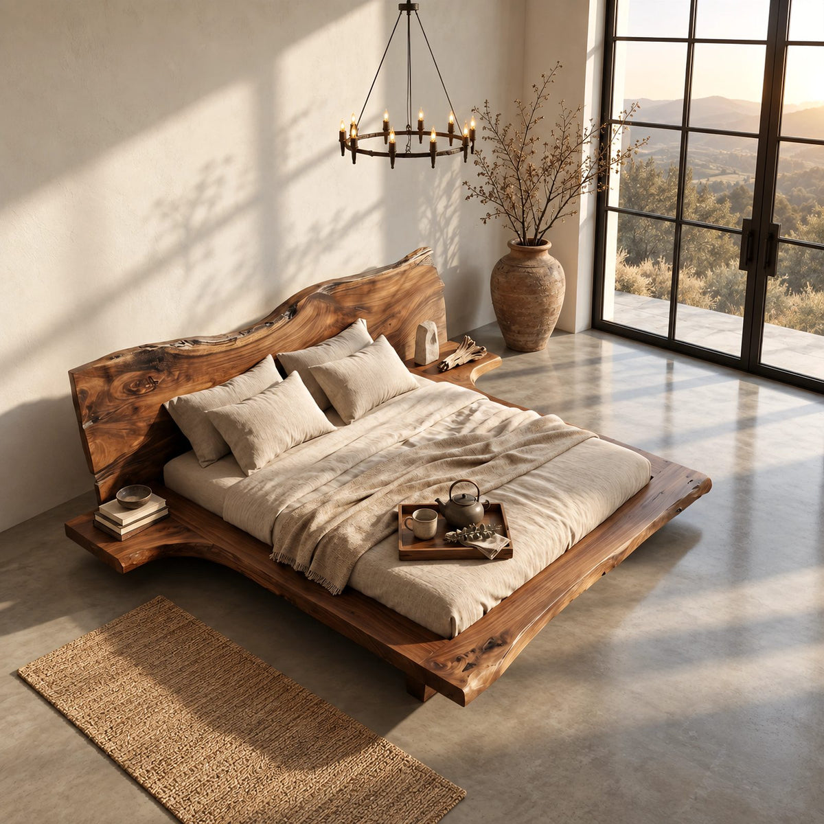 Contemporary Live Edge Platform Bed With Low Slab Headboard For Bedroom