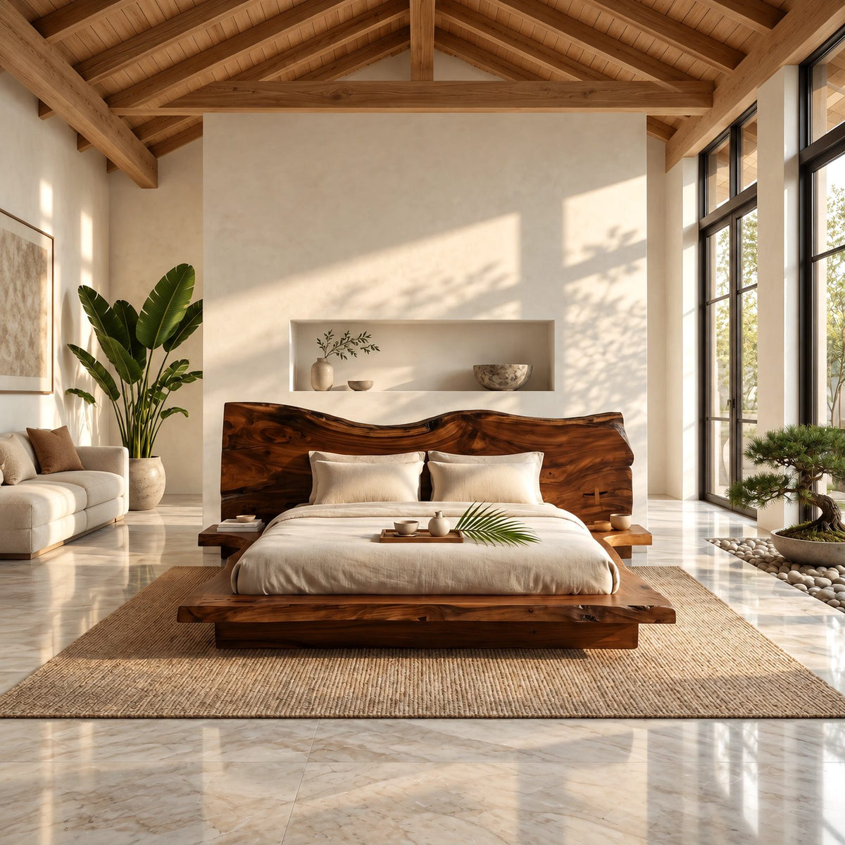 Contemporary Live Edge Platform Bed With Low Slab Headboard For Bedroom